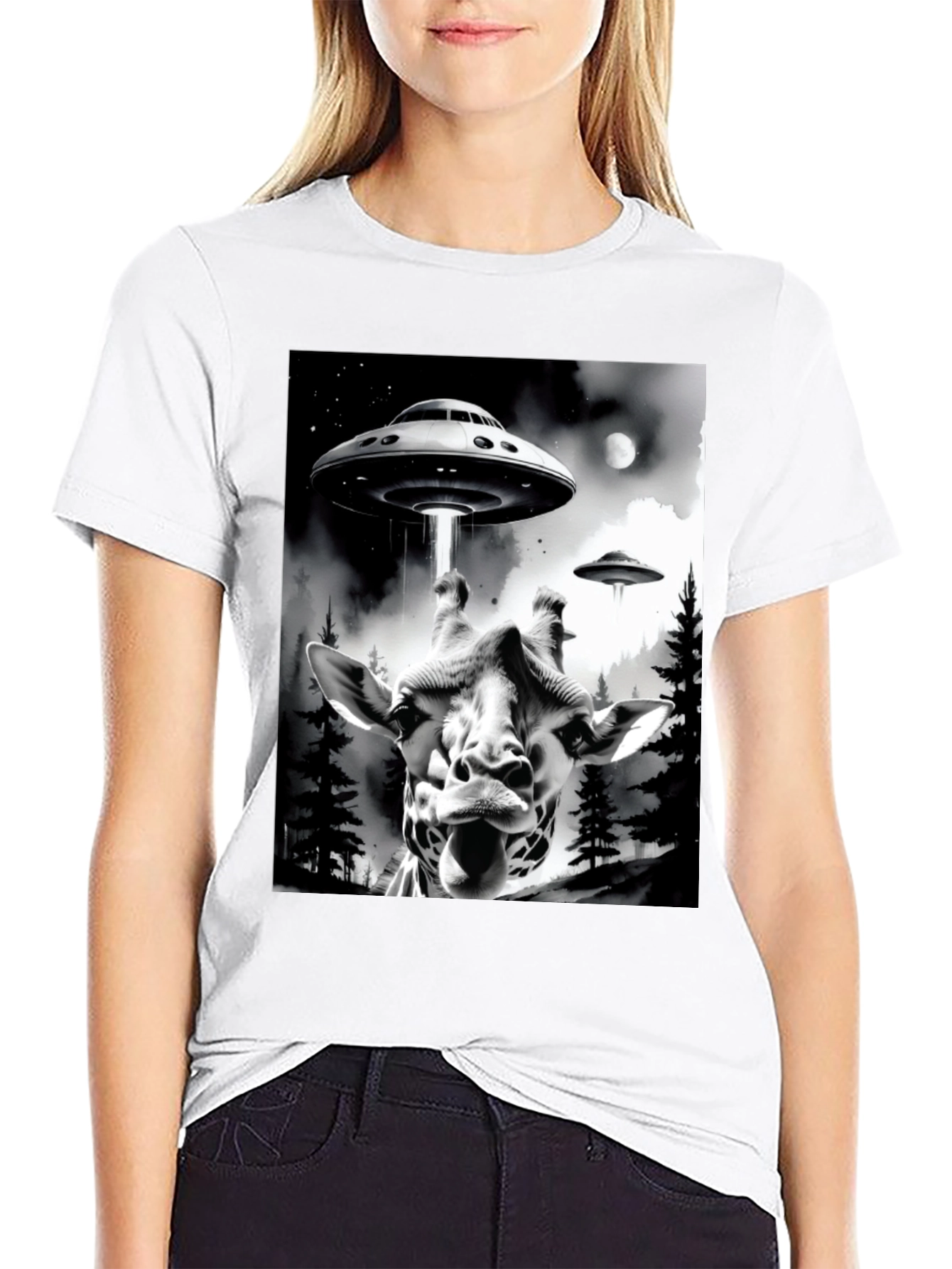 UFO Abduction Giraffe Graphic Tee - Black Cotton T-Shirt