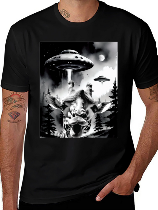 UFO Abduction Giraffe Graphic Tee - Black Cotton T-Shirt