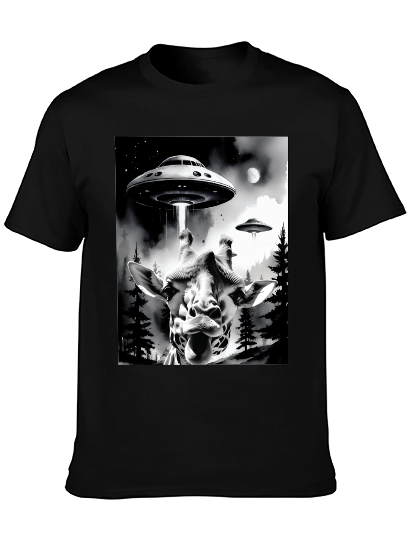 UFO Abduction Giraffe Graphic Tee - Black Cotton T-Shirt