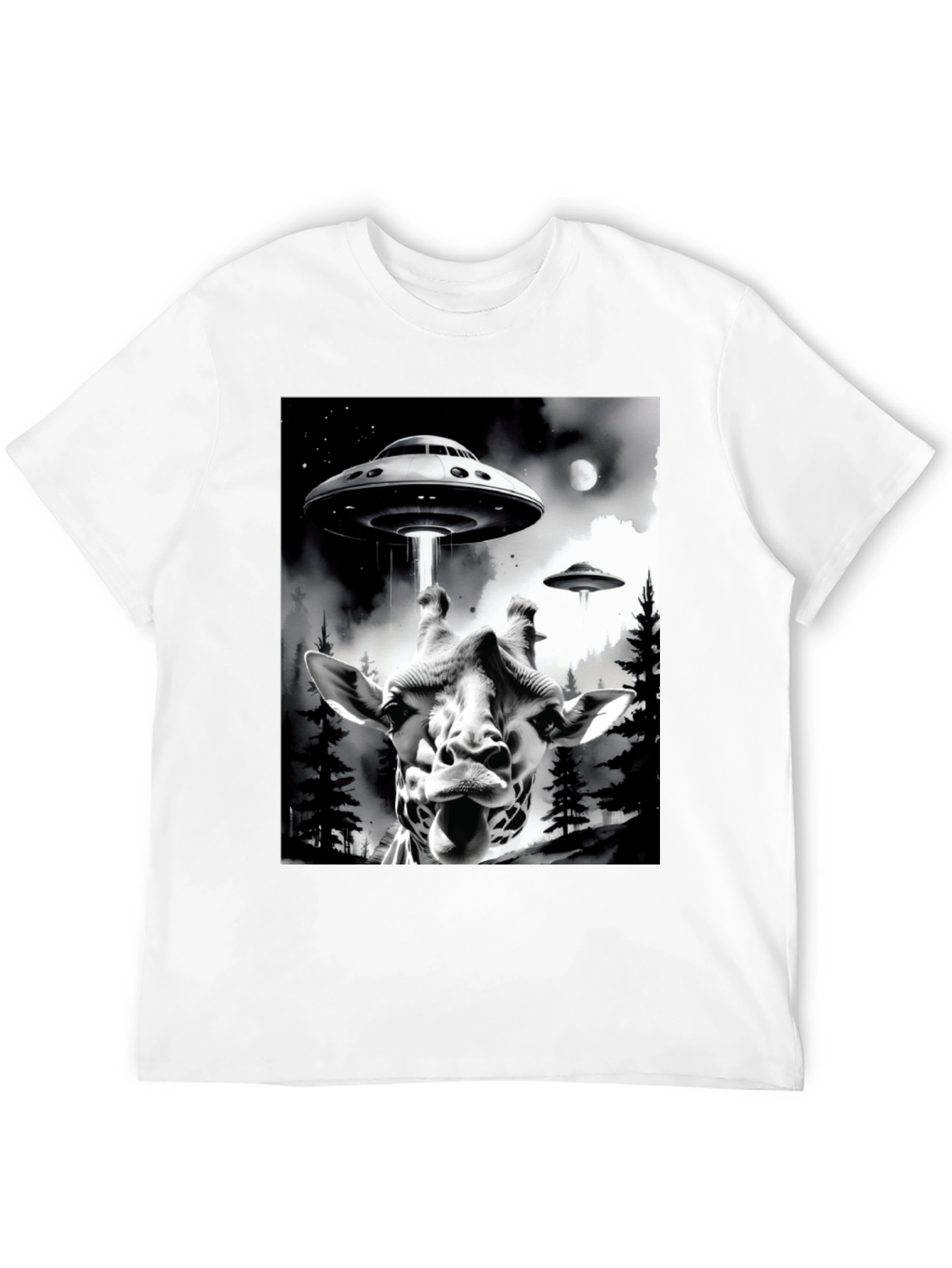 UFO Abduction Giraffe Graphic Tee - Black Cotton T-Shirt