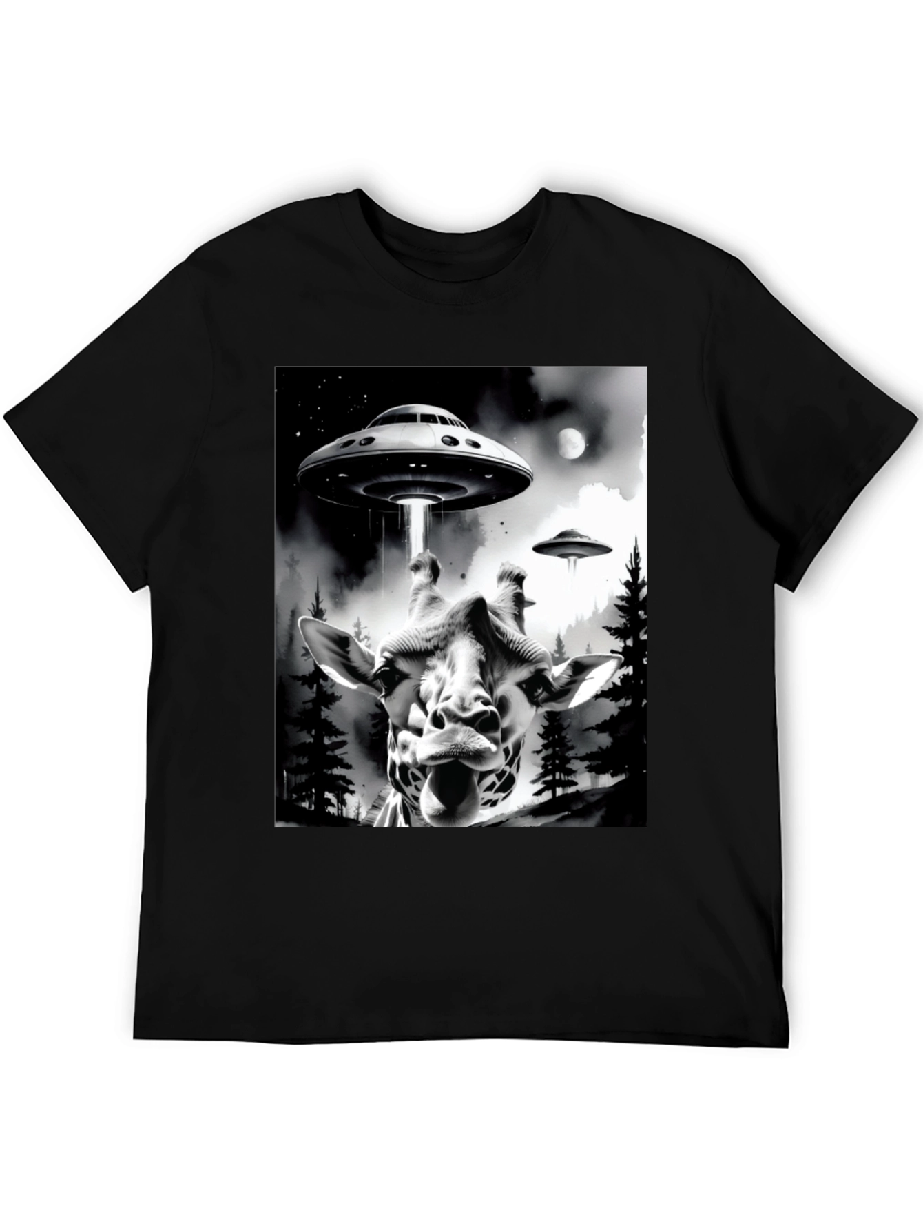 UFO Abduction Giraffe Graphic Tee - Black Cotton T-Shirt