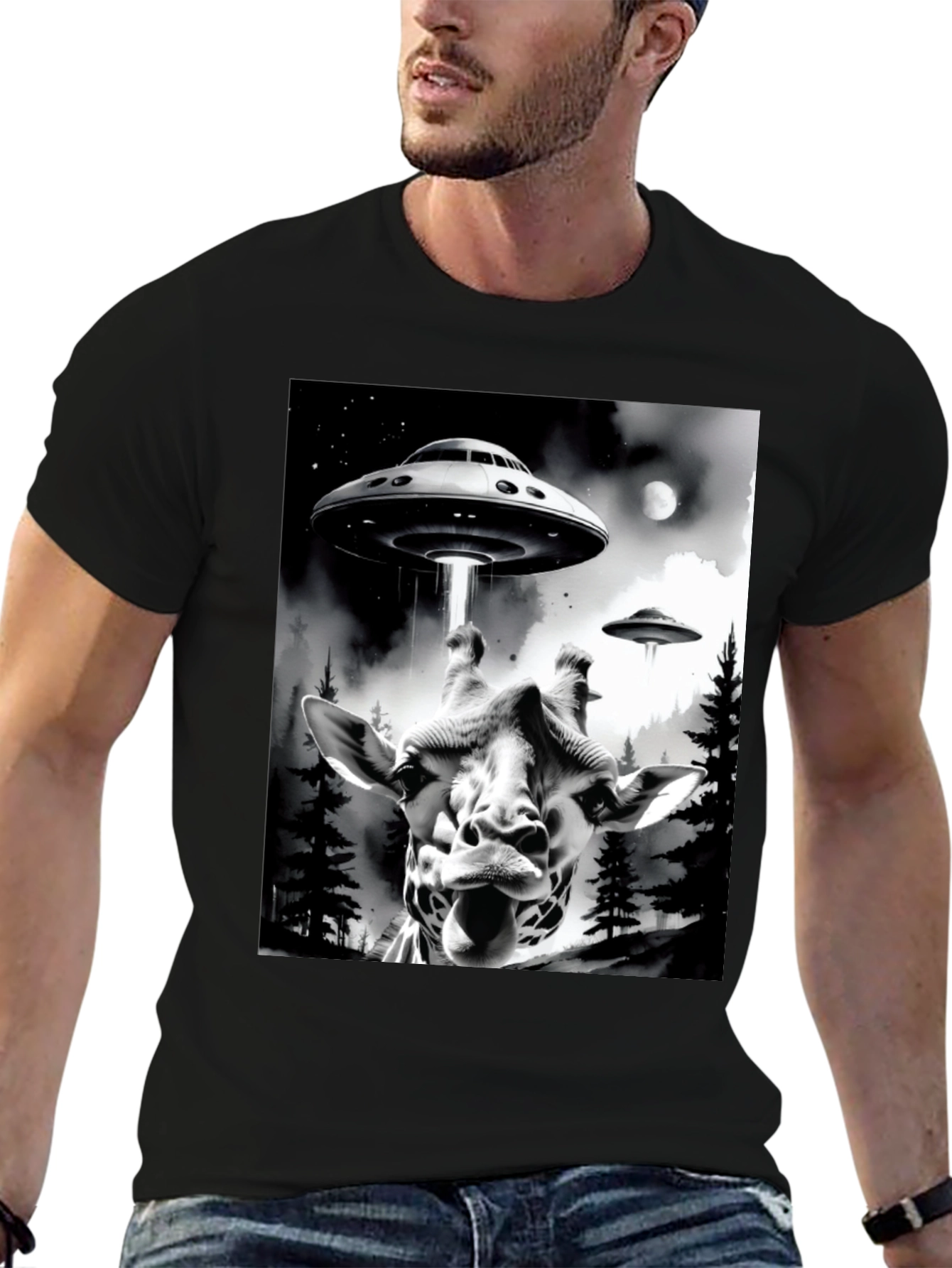 UFO Abduction Giraffe Graphic Tee - Black Cotton T-Shirt