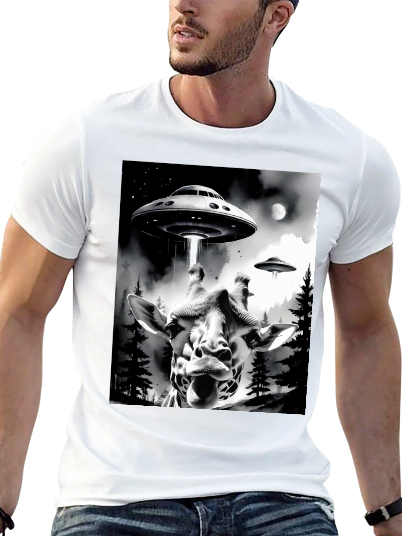 UFO Abduction Giraffe Graphic Tee - Black Cotton T-Shirt