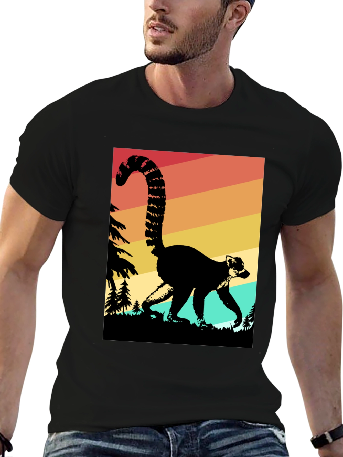 Retro Lemur Graphic Tee - Black Cotton Blend