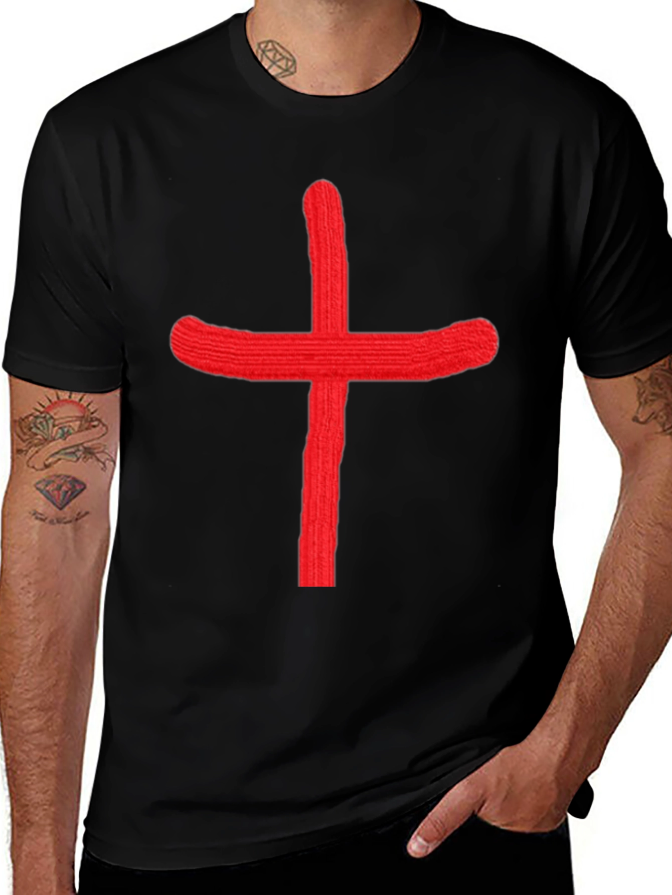 Bold Red Cross Graphic Black T-Shirt