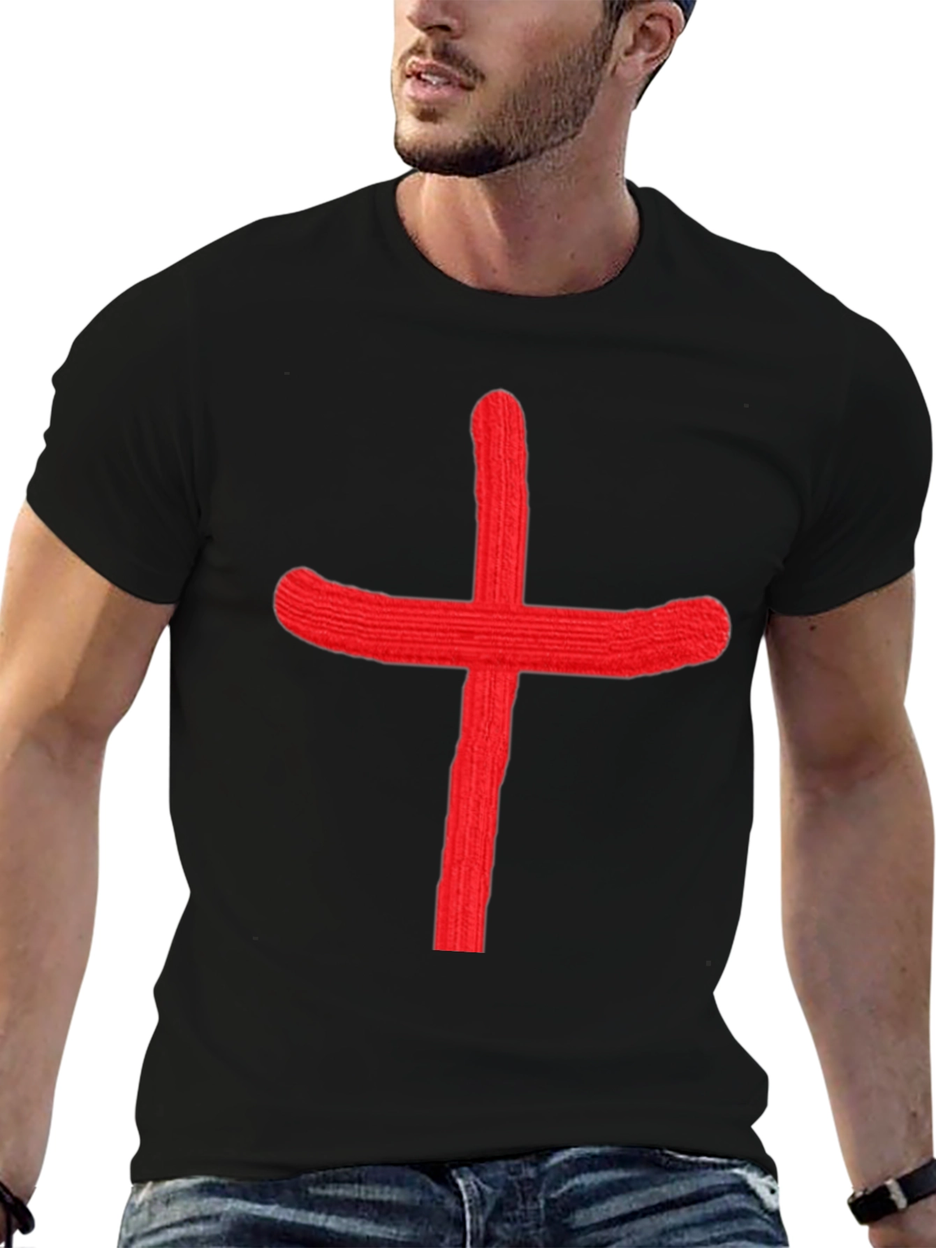 Bold Red Cross Graphic Black T-Shirt