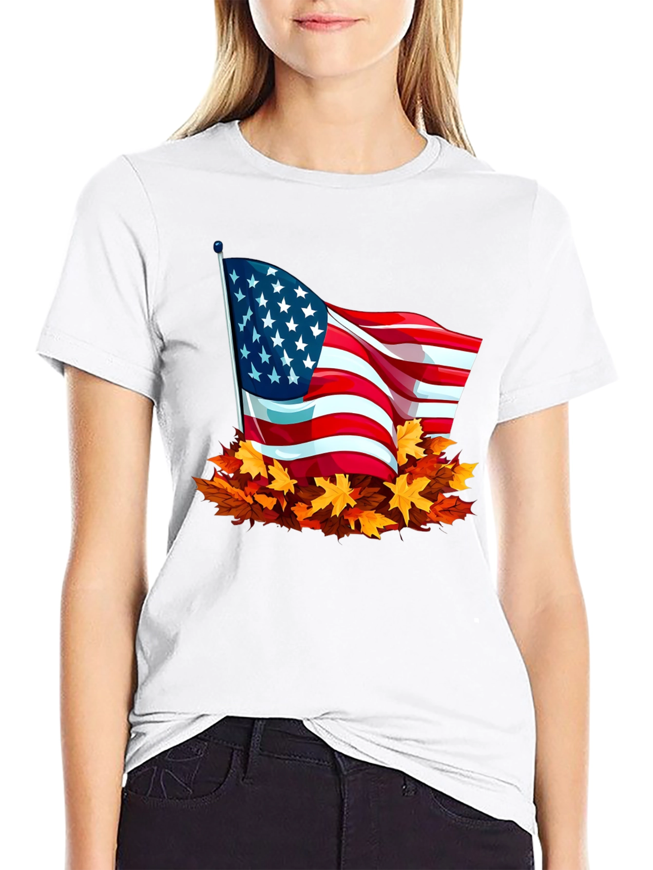 USA Flag Fall Leaves T-Shirt - Patriotic Autumn