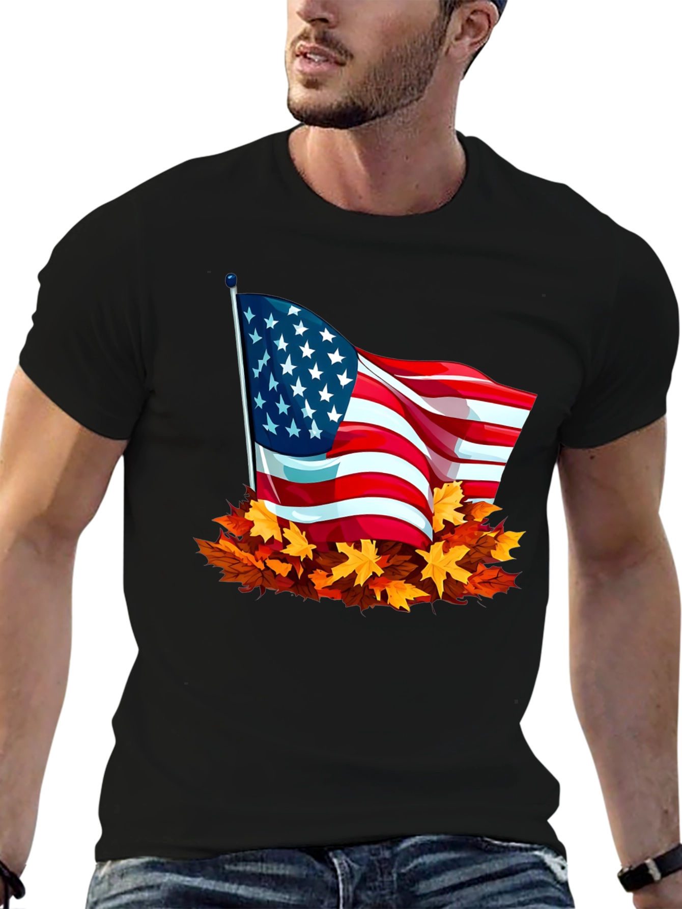 USA Flag Fall Leaves T-Shirt - Patriotic Autumn