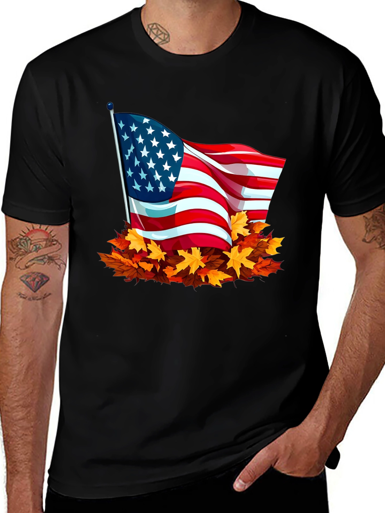 USA Flag Fall Leaves T-Shirt - Patriotic Autumn