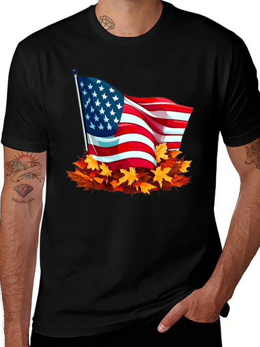 USA Flag Fall Leaves T-Shirt - Patriotic Autumn