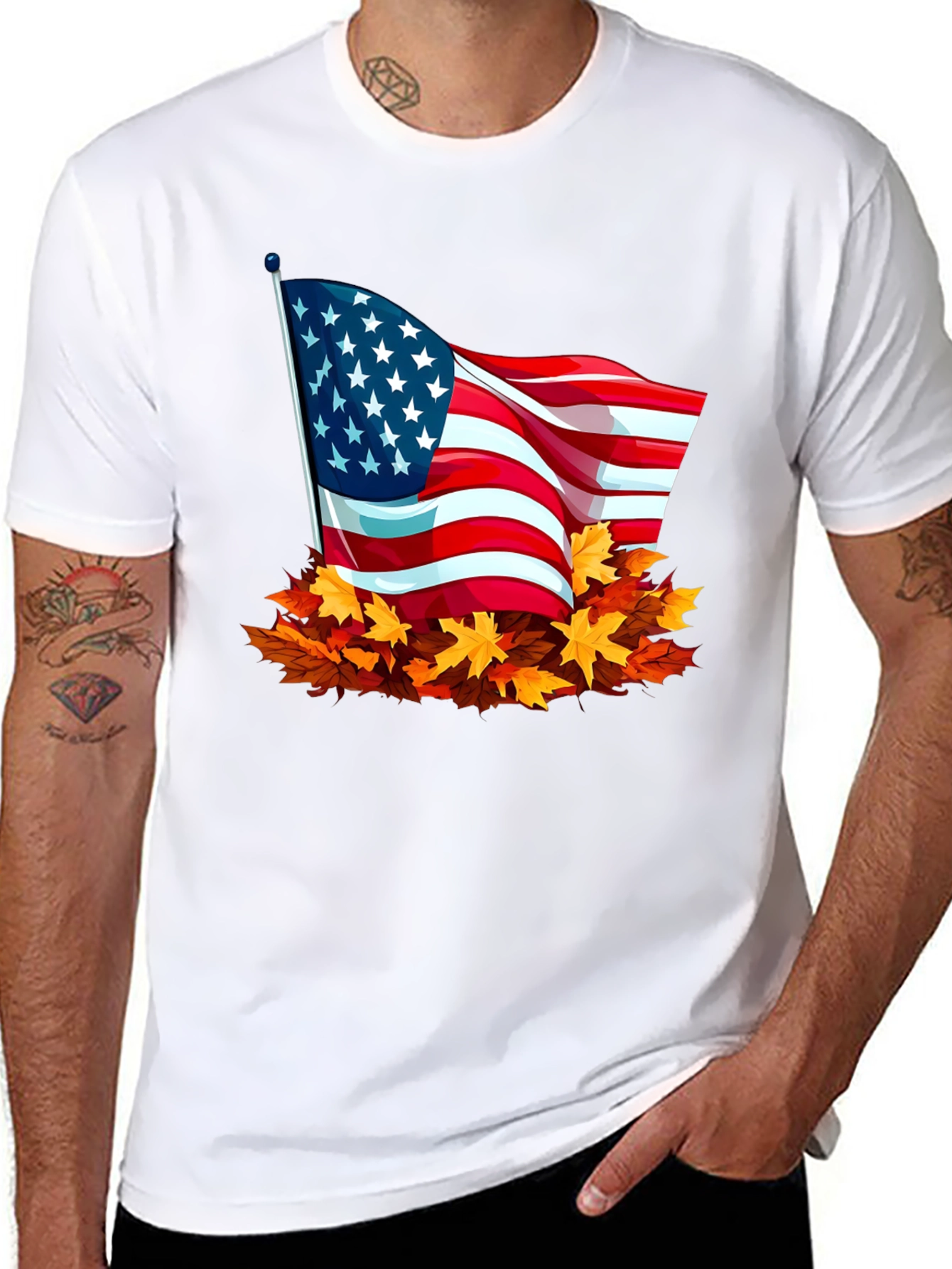 USA Flag Fall Leaves T-Shirt - Patriotic Autumn