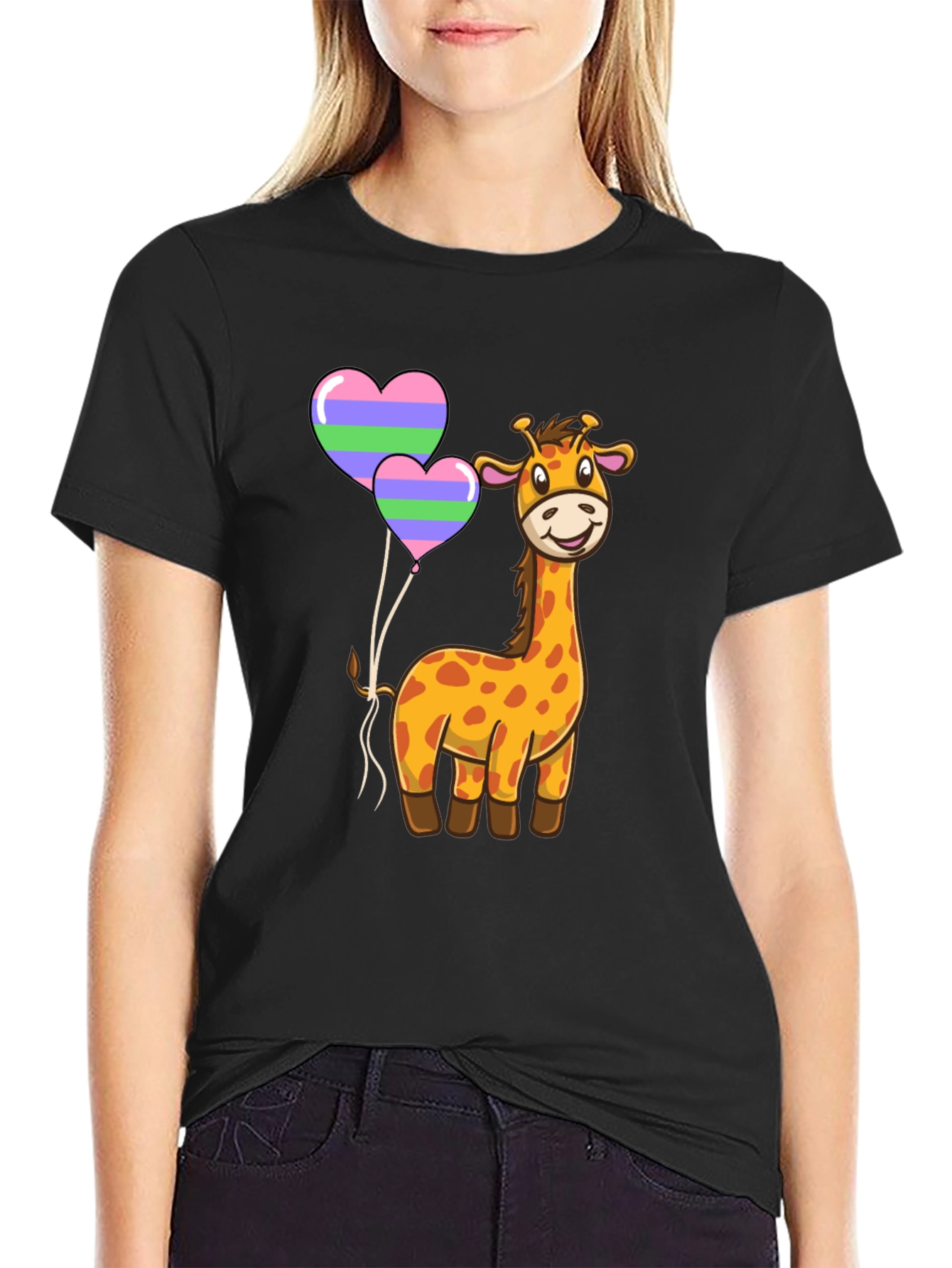 Cute Giraffe Heart Balloon Black T-Shirt