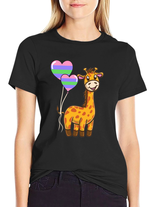Cute Giraffe Heart Balloon Black T-Shirt