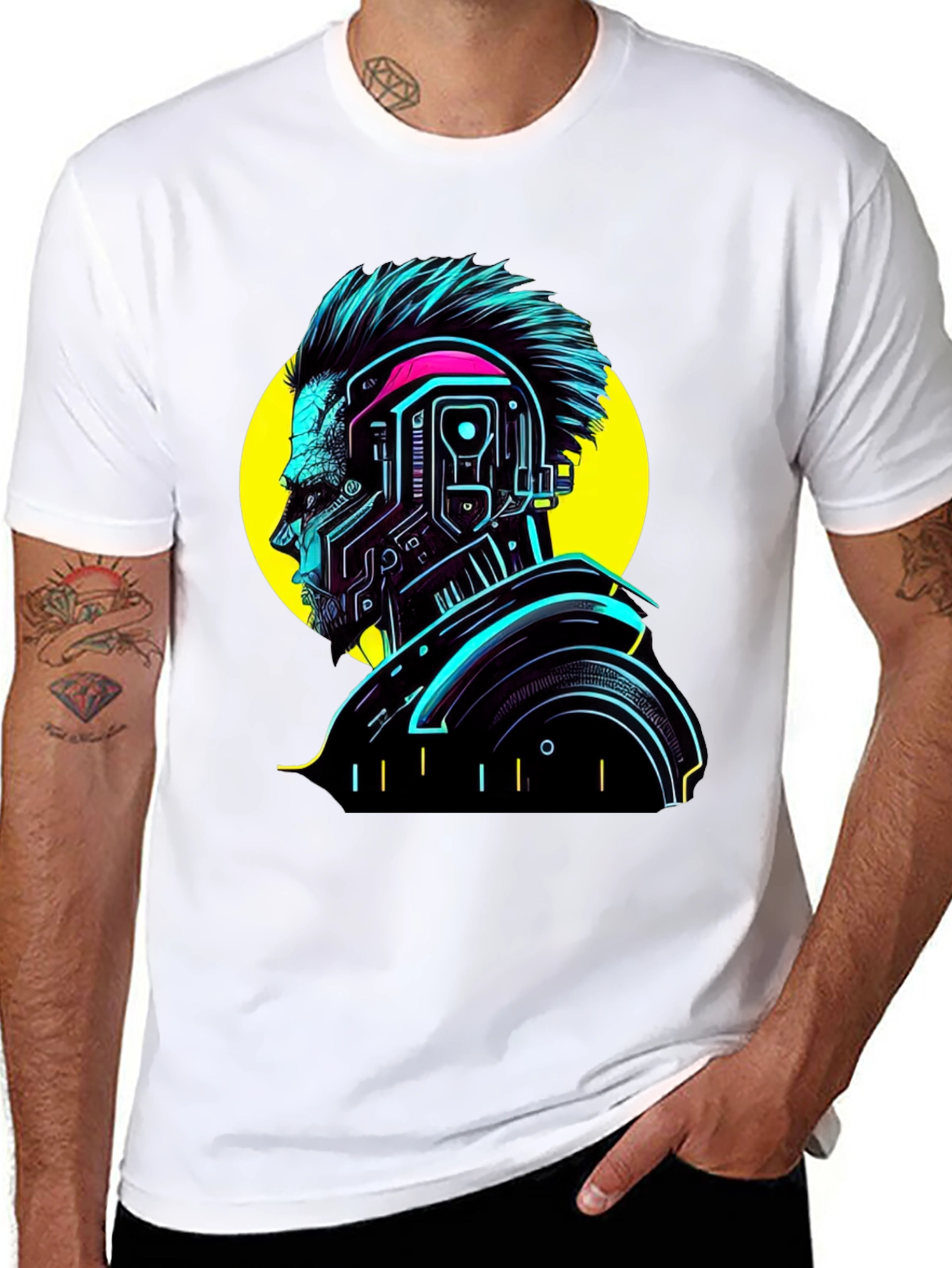 Cyberpunk Man Graphic T-Shirt - Neon Black Tee