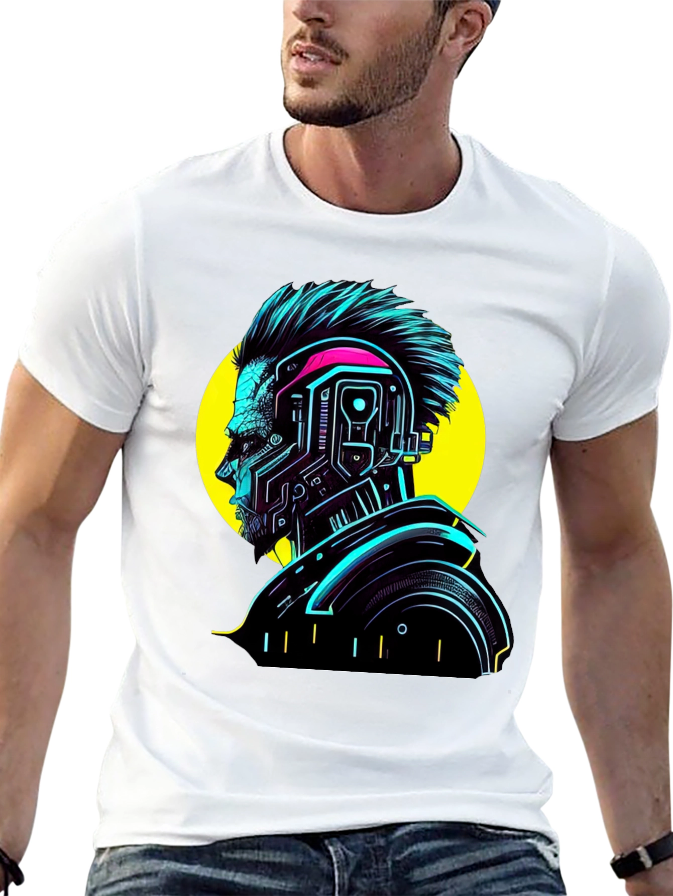 Cyberpunk Man Graphic T-Shirt - Neon Black Tee