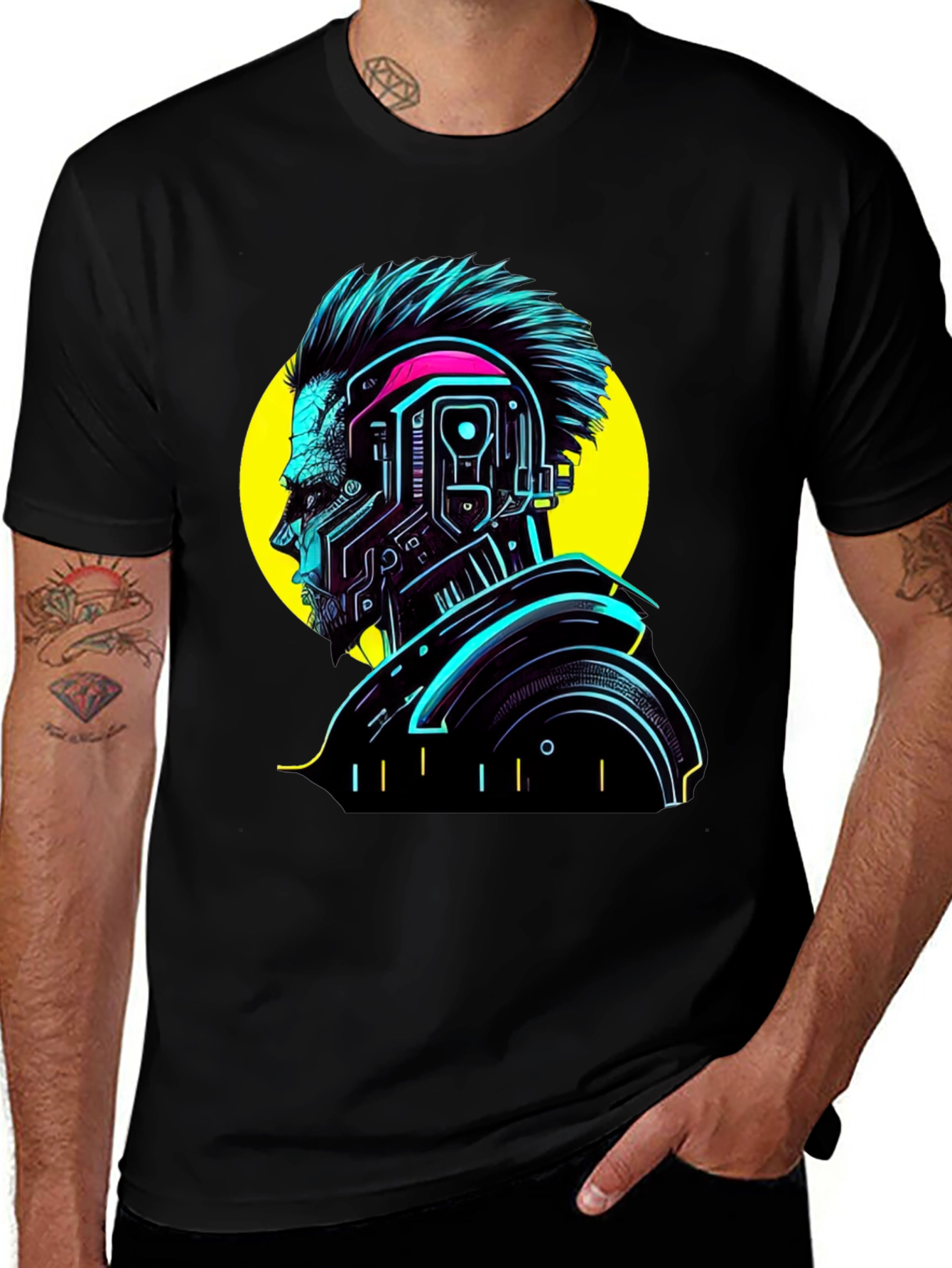 Cyberpunk Man Graphic T-Shirt - Neon Black Tee