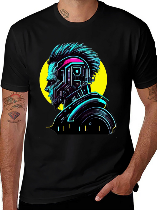 Cyberpunk Man Graphic T-Shirt - Neon Black Tee