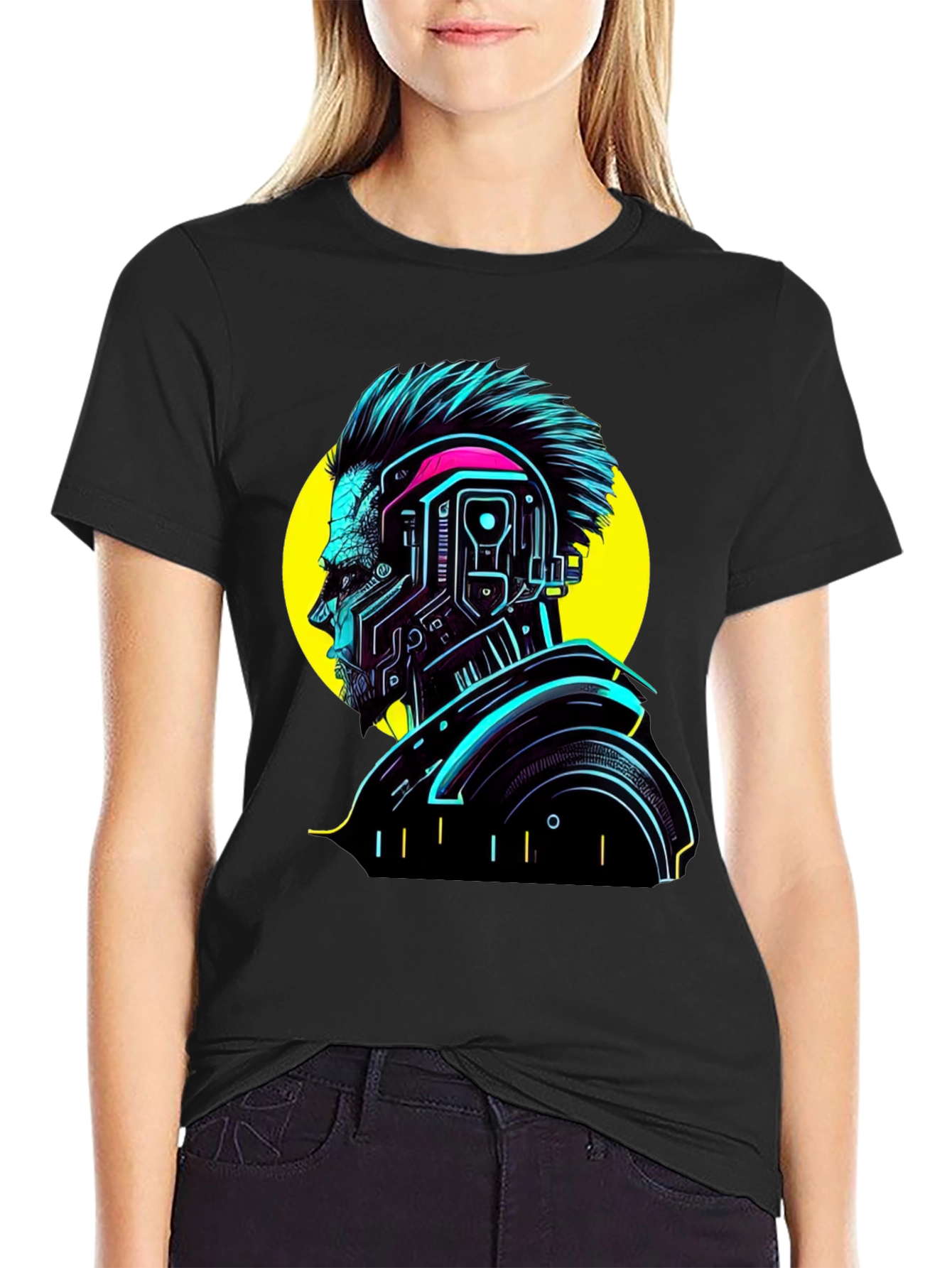 Cyberpunk Man Graphic T-Shirt - Neon Black Tee