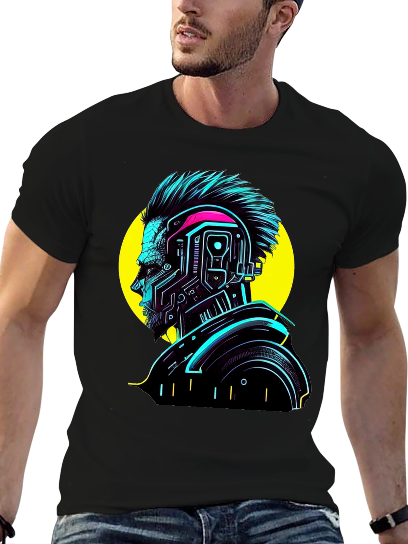 Cyberpunk Man Graphic T-Shirt - Neon Black Tee