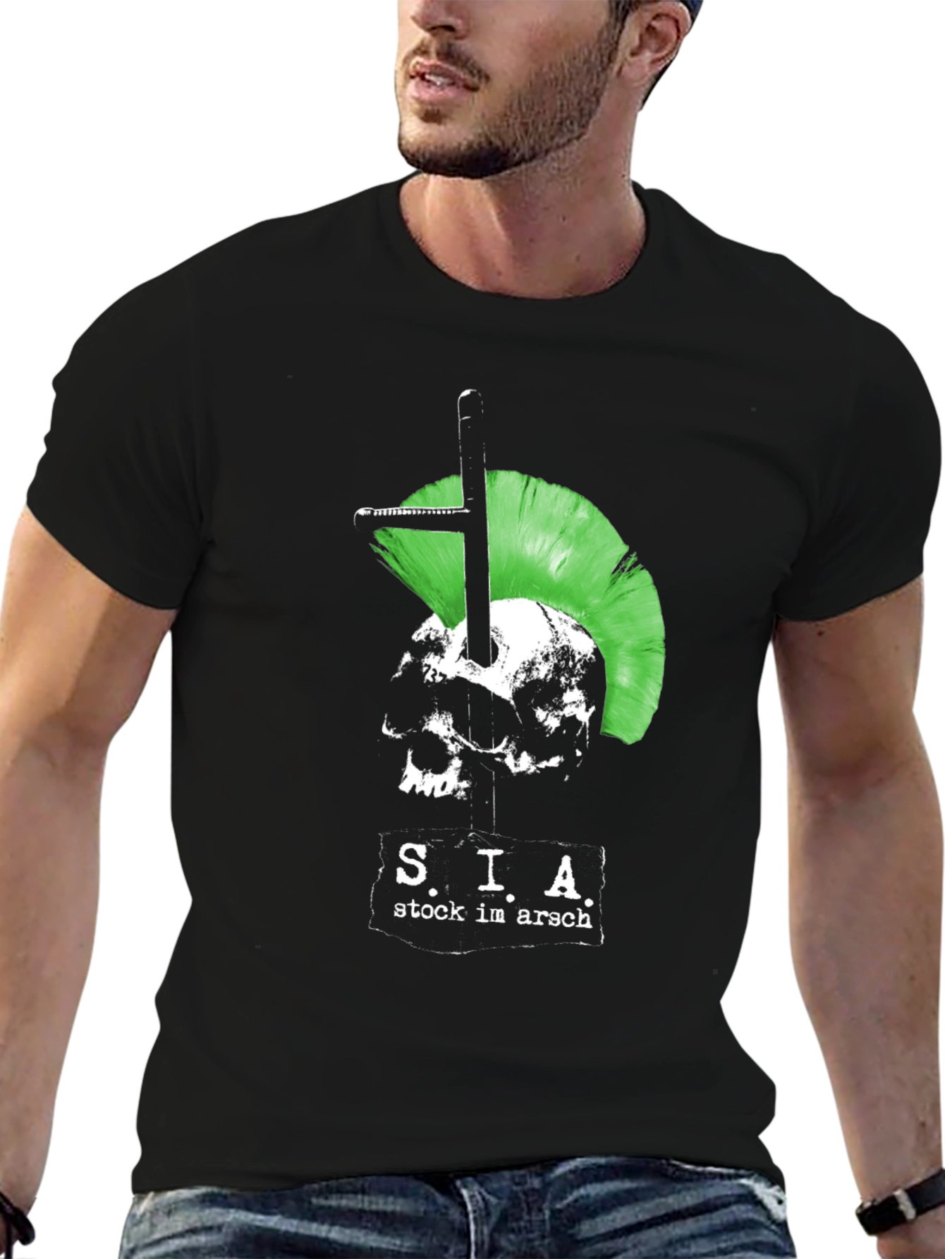 Edgy Punk Skull T-Shirt - Green Mohawk Graphic Tee