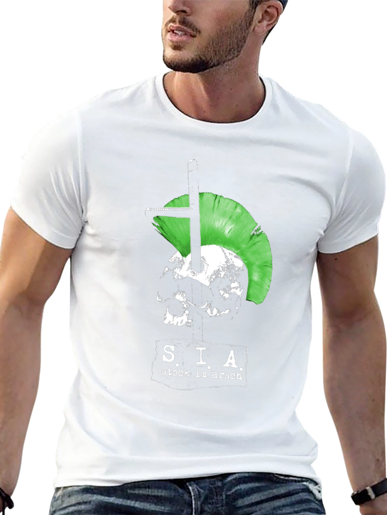 Edgy Punk Skull T-Shirt - Green Mohawk Graphic Tee