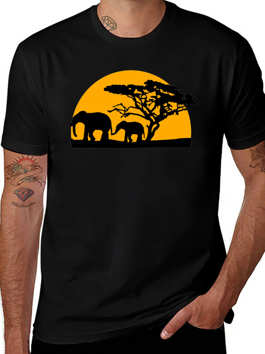Elephant Sunset Graphic Tee - Black Cotton T-Shirt