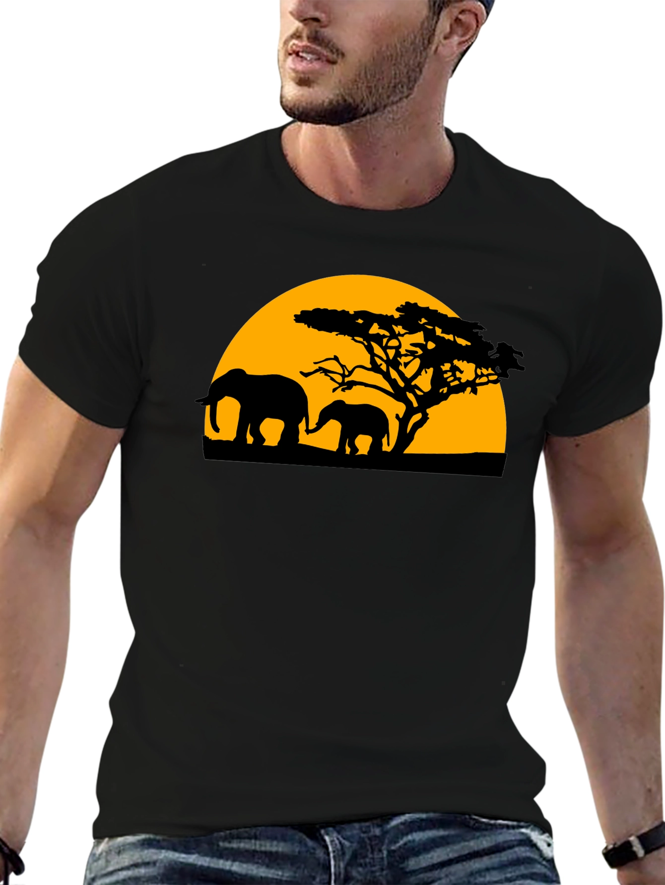Elephant Sunset Graphic Tee - Black Cotton T-Shirt