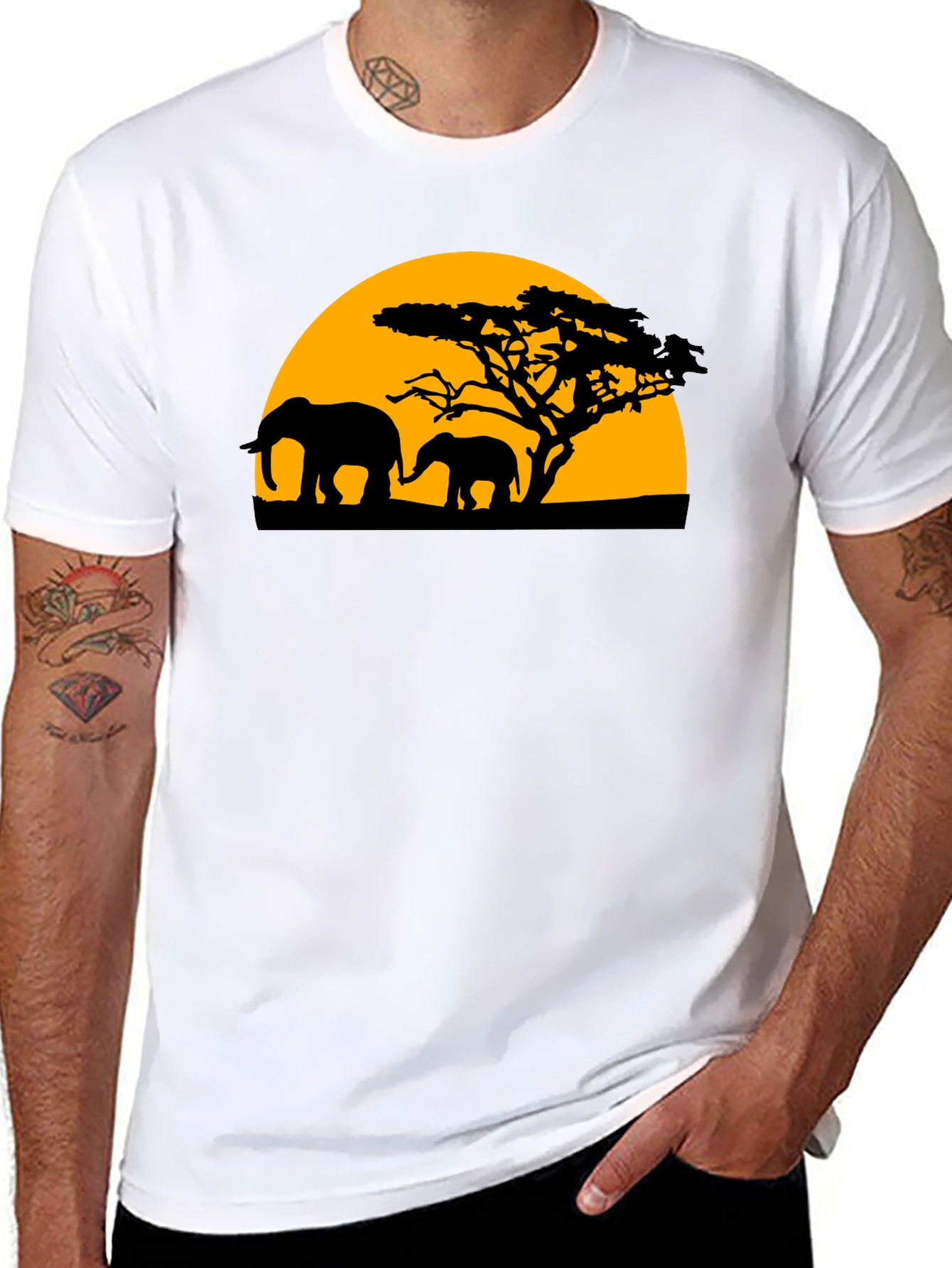 Elephant Sunset Graphic Tee - Black Cotton T-Shirt