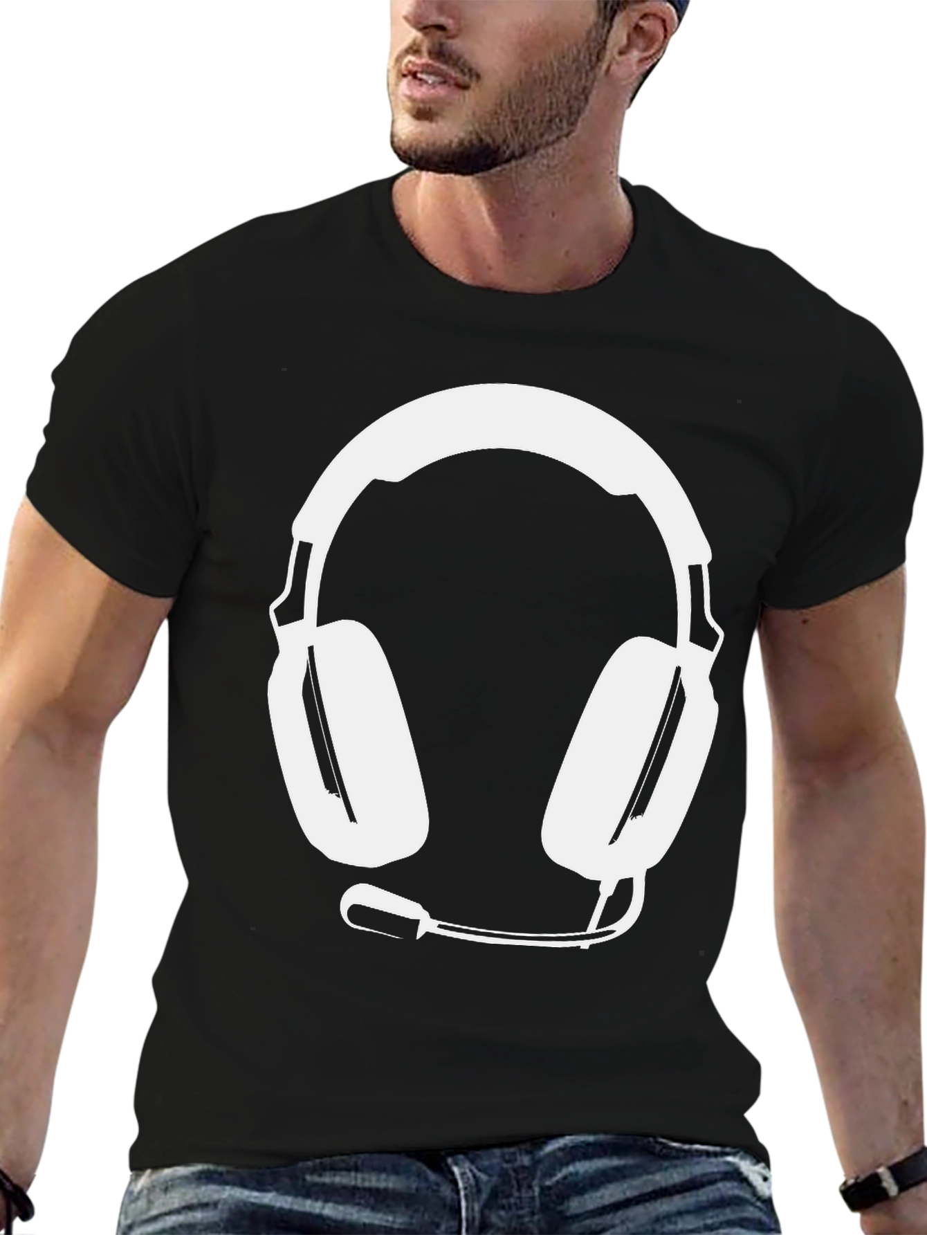 Gamer Style Black Tee with Headset Graphic