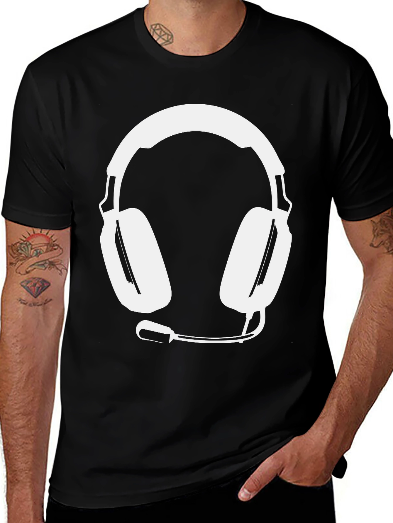Gamer Style Black Tee with Headset Graphic