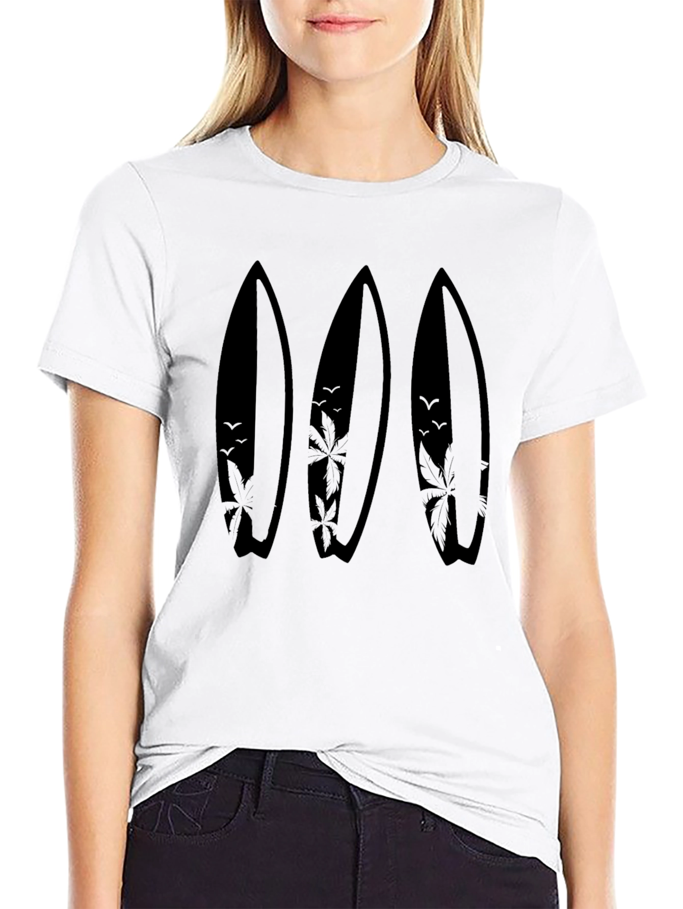 Surfboard Palm Tree Print Tee - Black