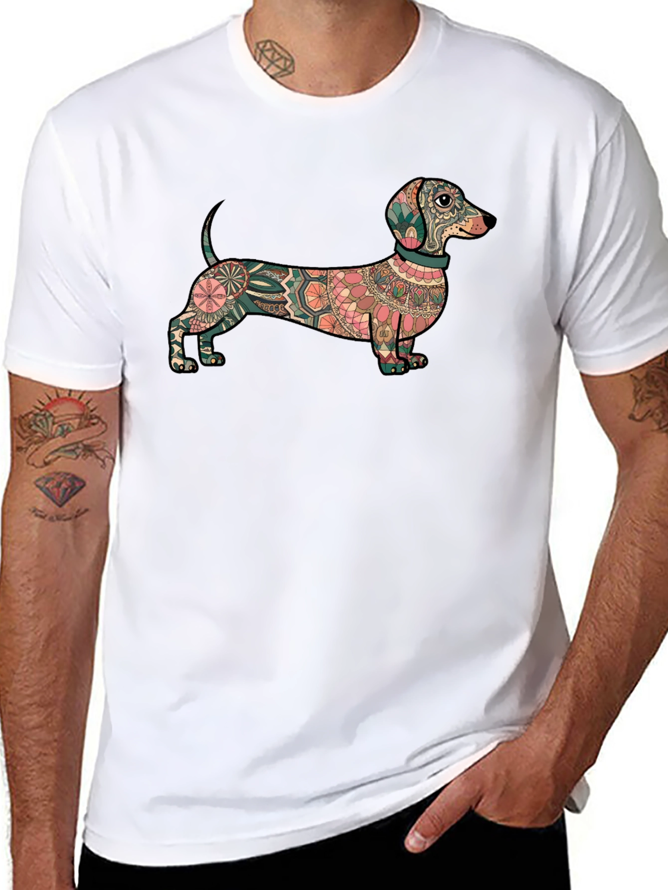Dachshund Mandala Graphic Tee - Black Cotton T-Shirt