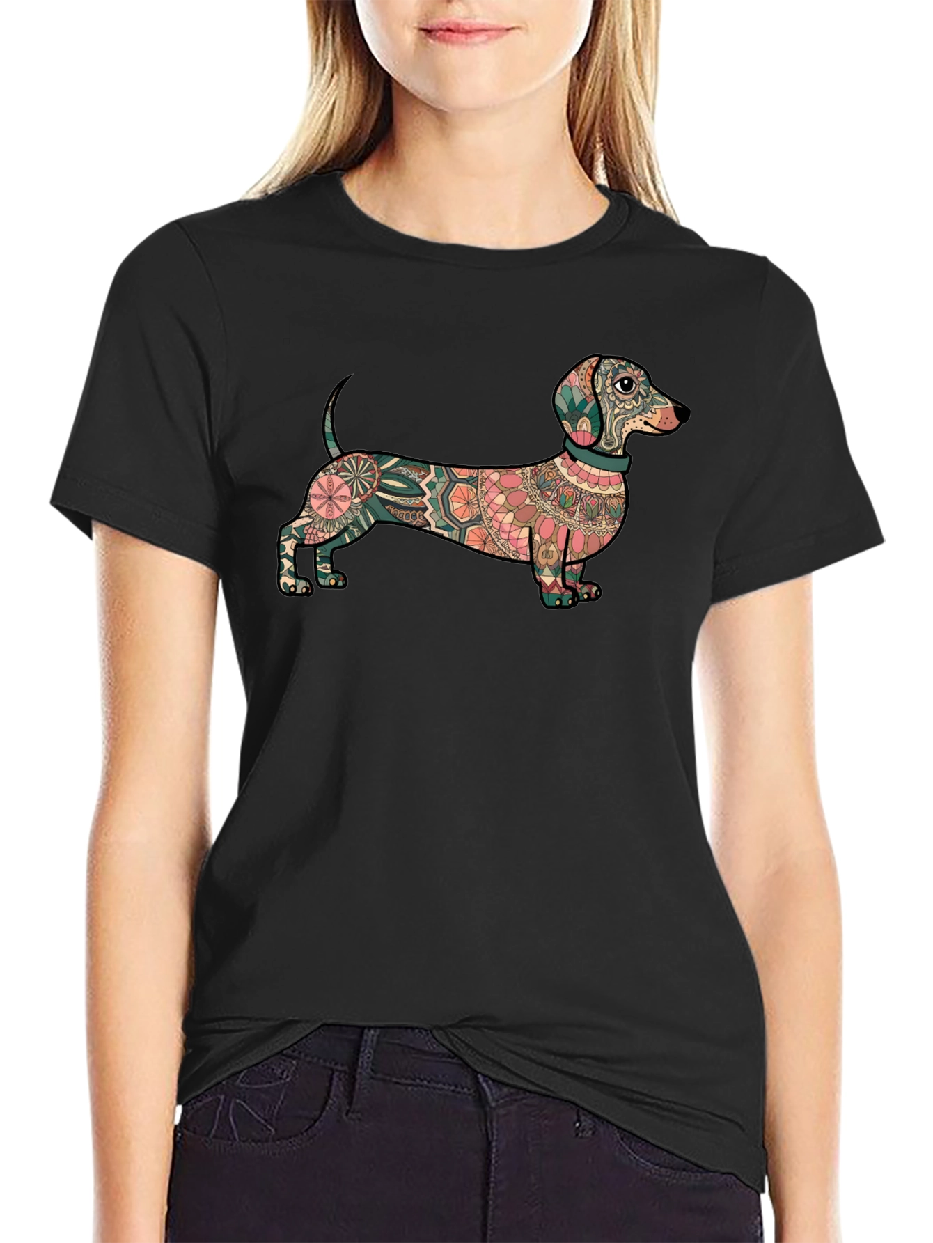 Dachshund Mandala Graphic Tee - Black Cotton T-Shirt