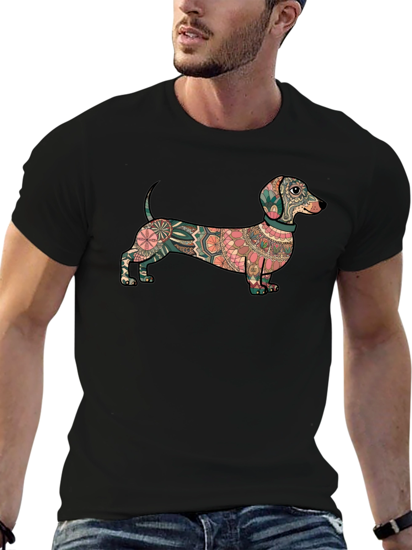 Dachshund Mandala Graphic Tee - Black Cotton T-Shirt