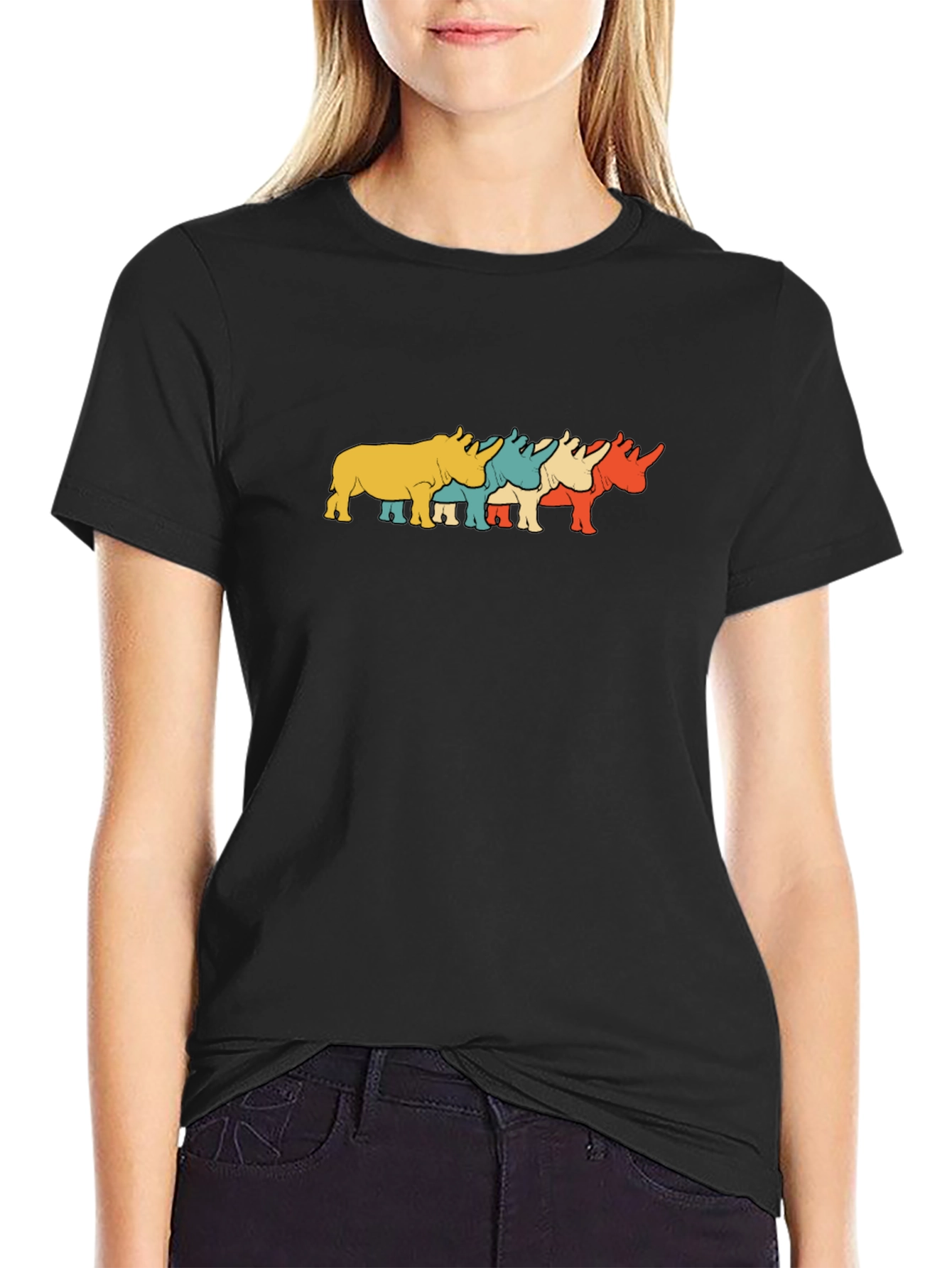 Retro Rhino Graphic Tee - Black Cotton T-Shirt