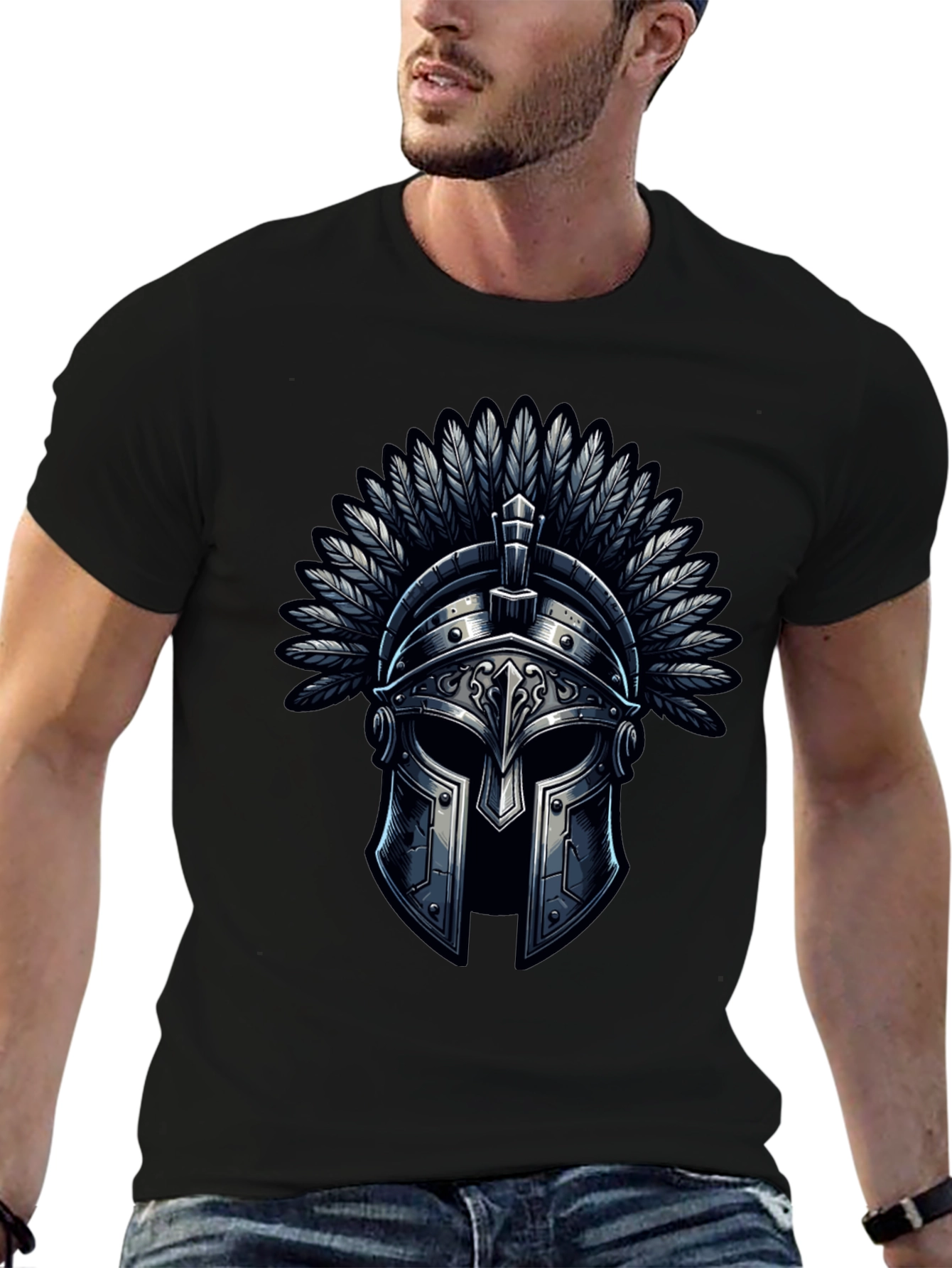 Warrior Helmet Graphic Tee - Black Cotton