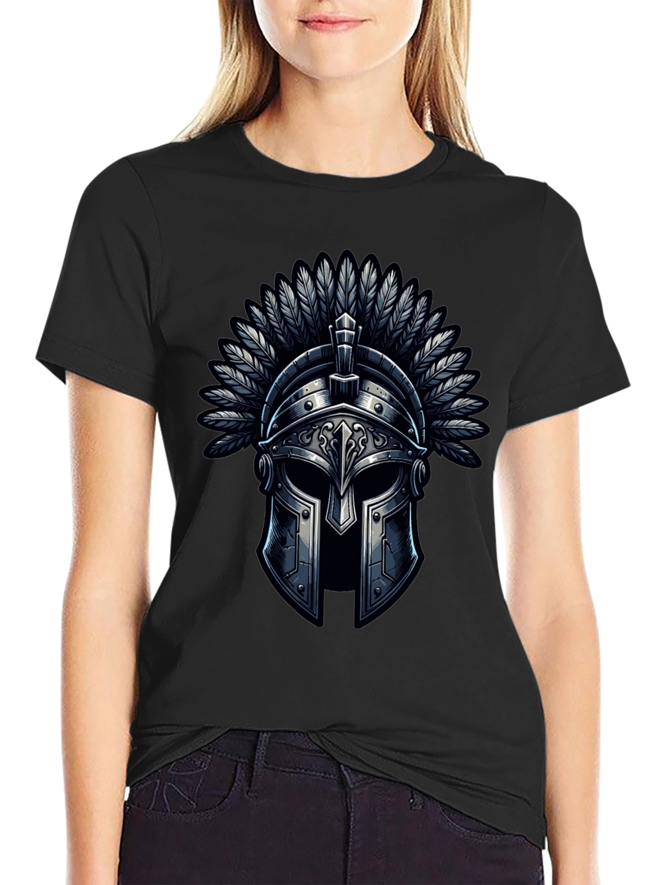 Warrior Helmet Graphic Tee - Black Cotton