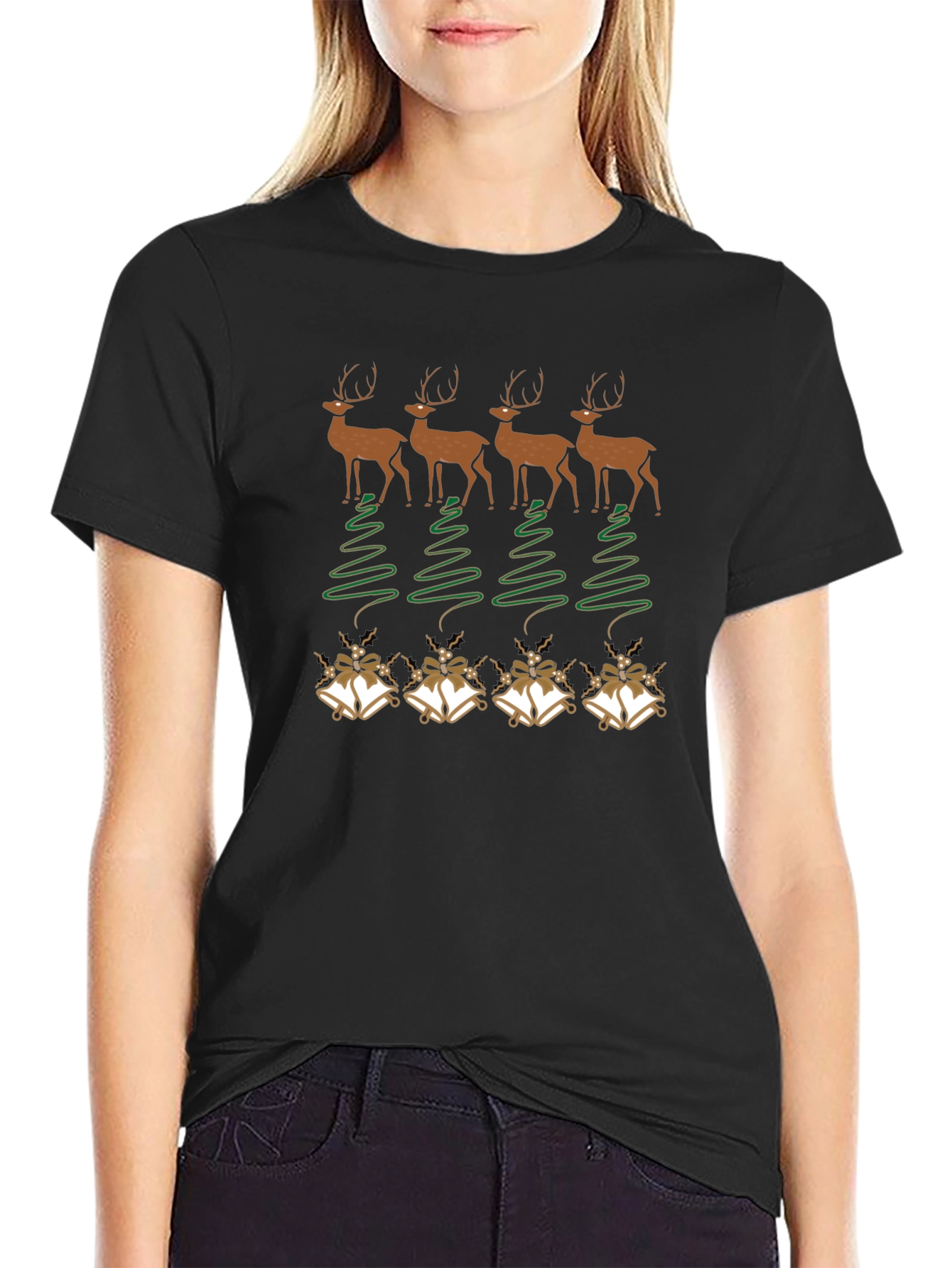 Festive Deer & Bells Christmas T-Shirt - Holiday Cheer