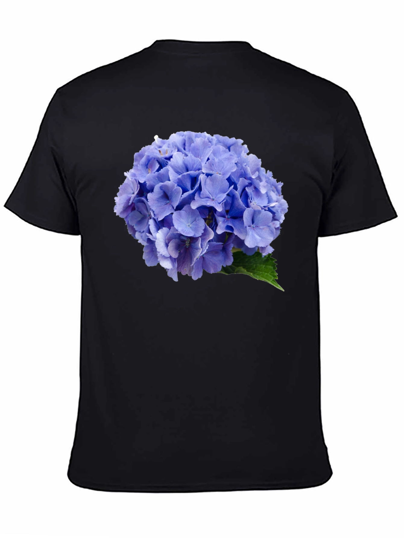 Blue Hydrangea Flower Print Black T-Shirt