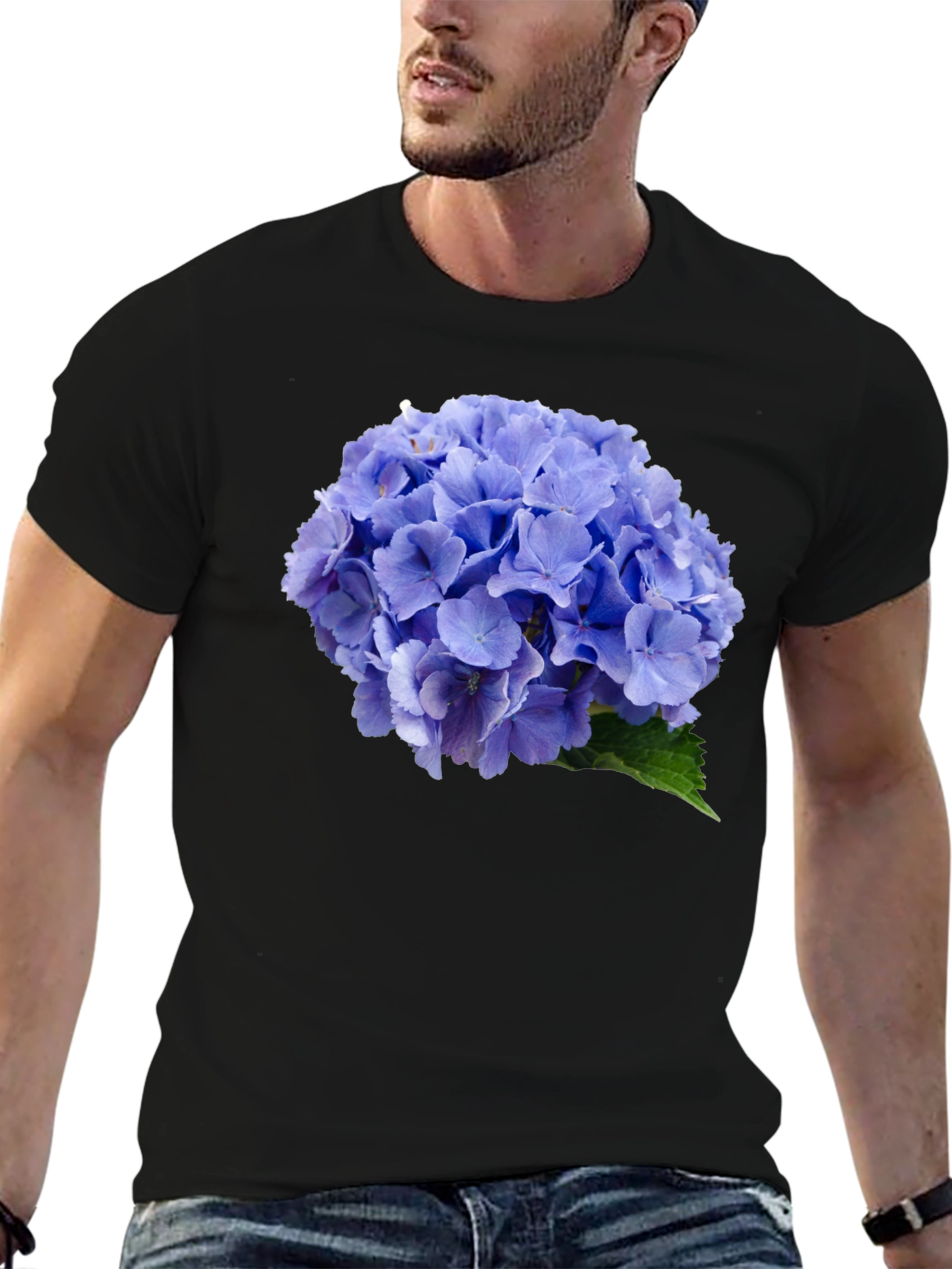 Blue Hydrangea Flower Print Black T-Shirt
