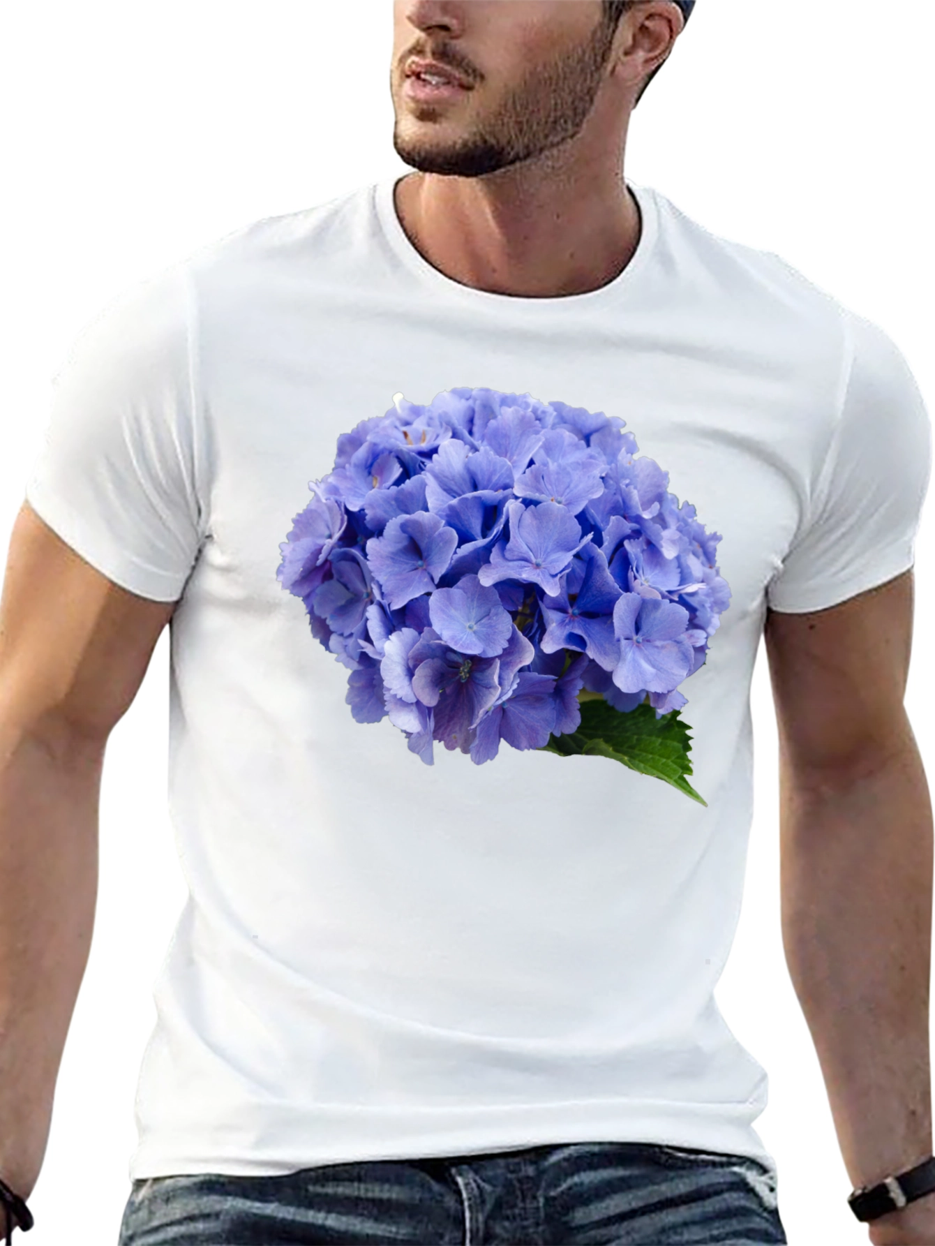 Blue Hydrangea Flower Print Black T-Shirt