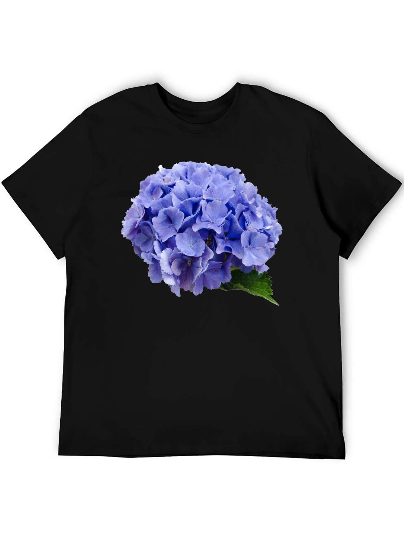 Blue Hydrangea Flower Print Black T-Shirt