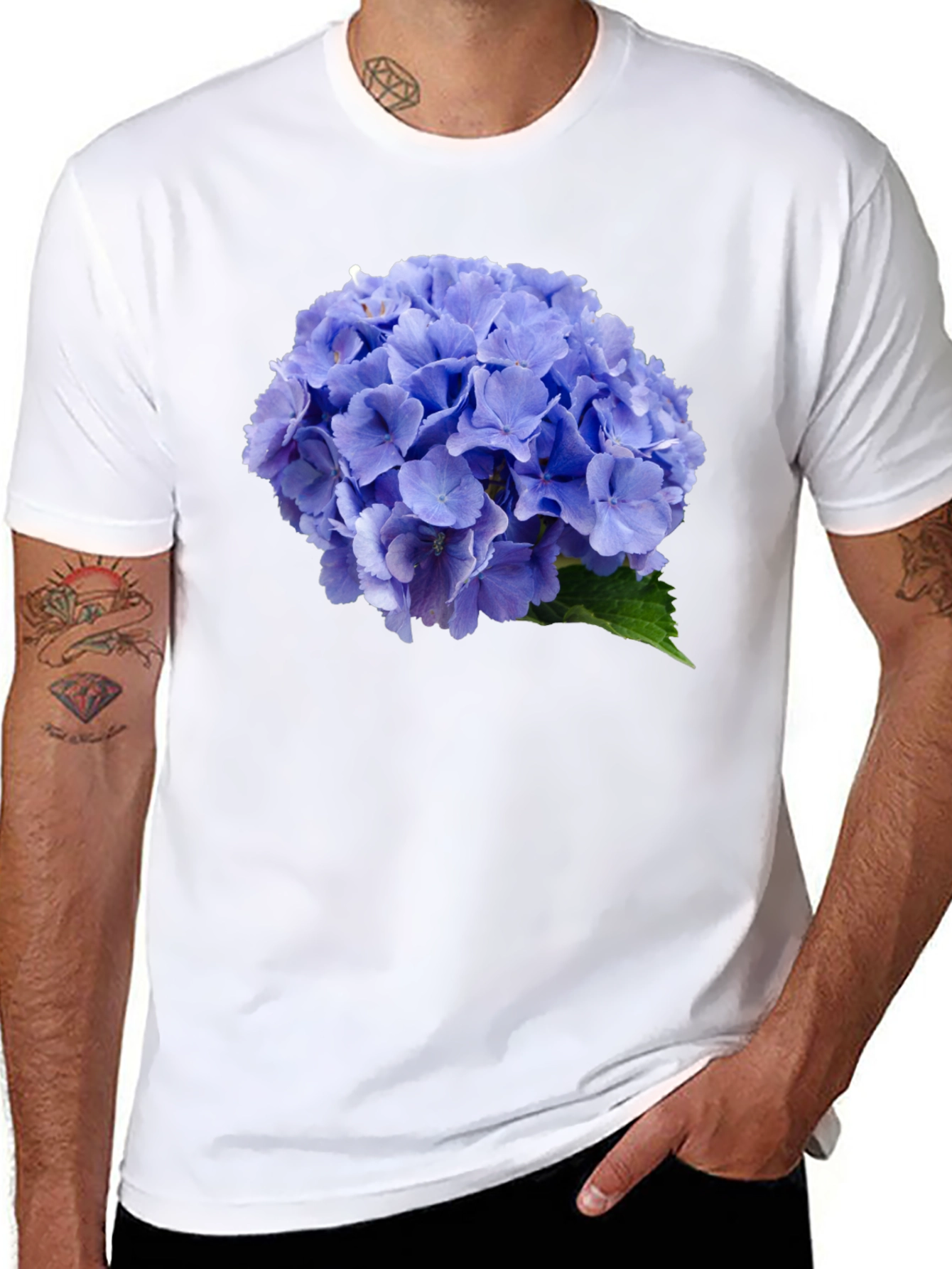 Blue Hydrangea Flower Print Black T-Shirt