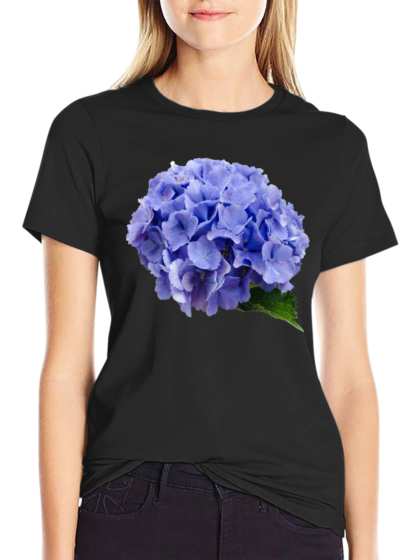 Blue Hydrangea Flower Print Black T-Shirt