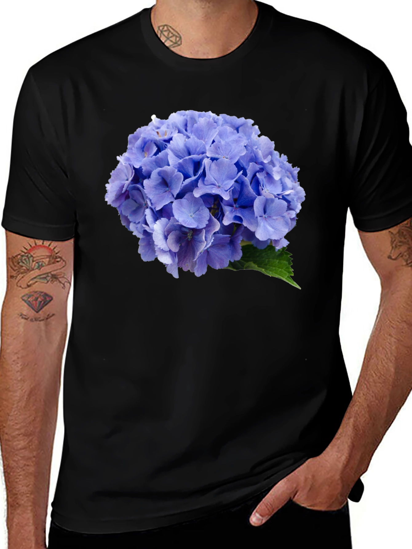 Blue Hydrangea Flower Print Black T-Shirt