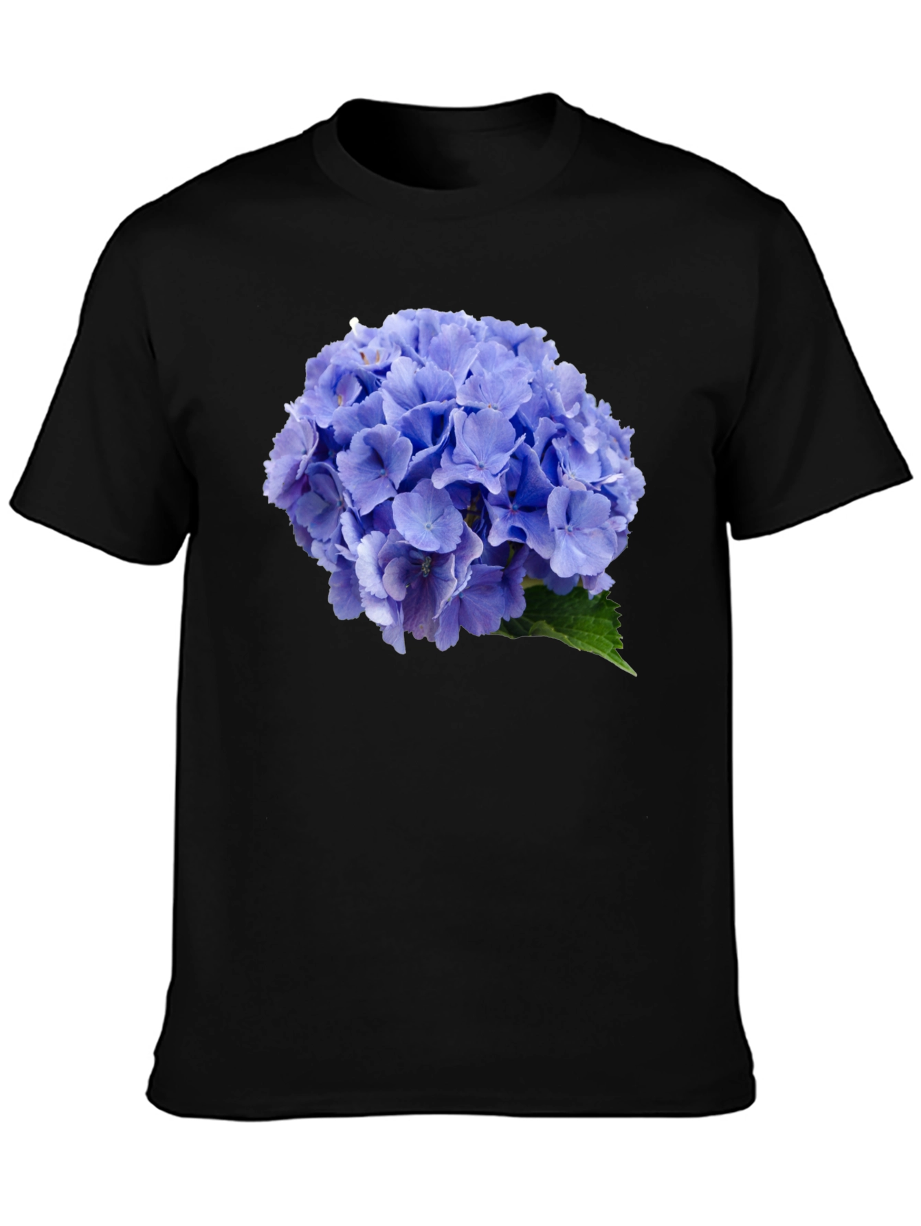 Blue Hydrangea Flower Print Black T-Shirt