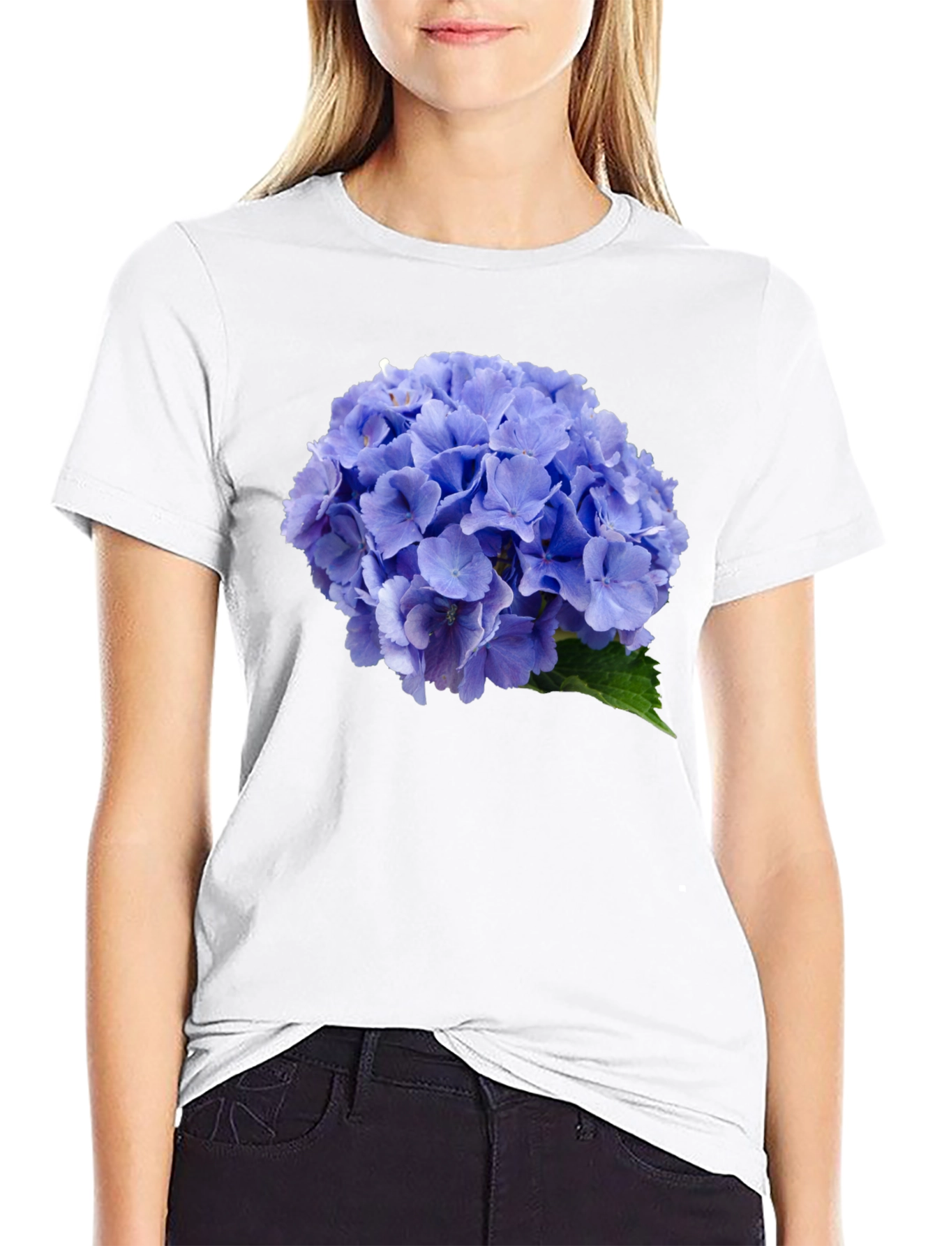 Blue Hydrangea Flower Print Black T-Shirt