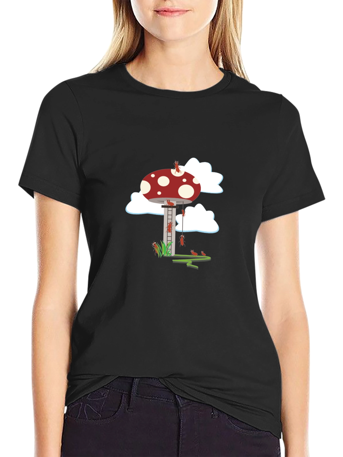 Whimsical Ant & Mushroom Graphic Tee - Black