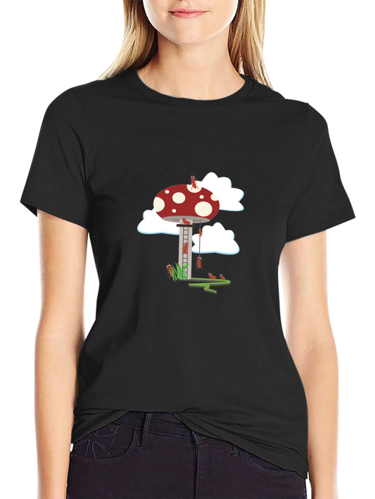 Whimsical Ant & Mushroom Graphic Tee - Black