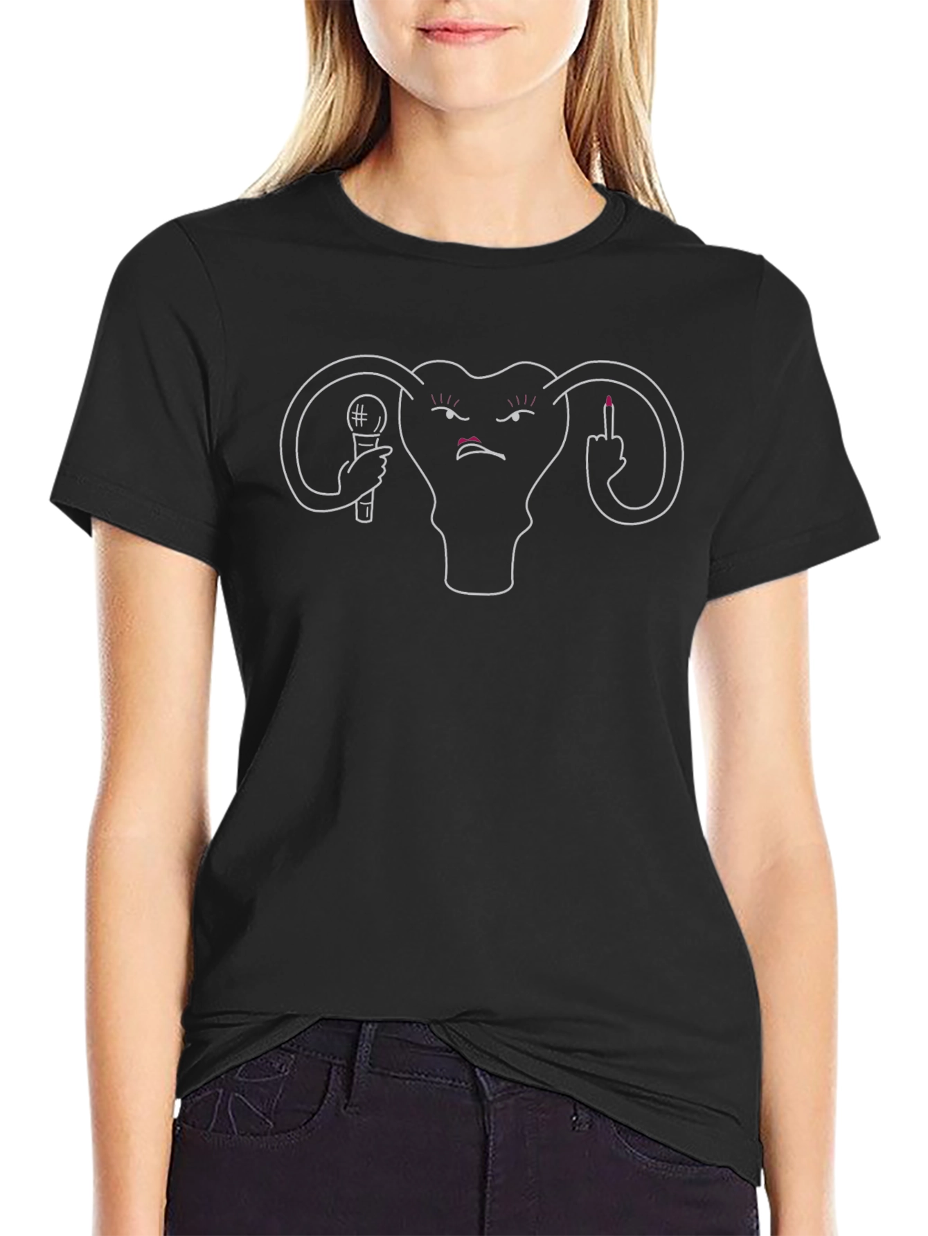 Feminist T-Shirt: Angry Uterus with Microphone & Middle Finger